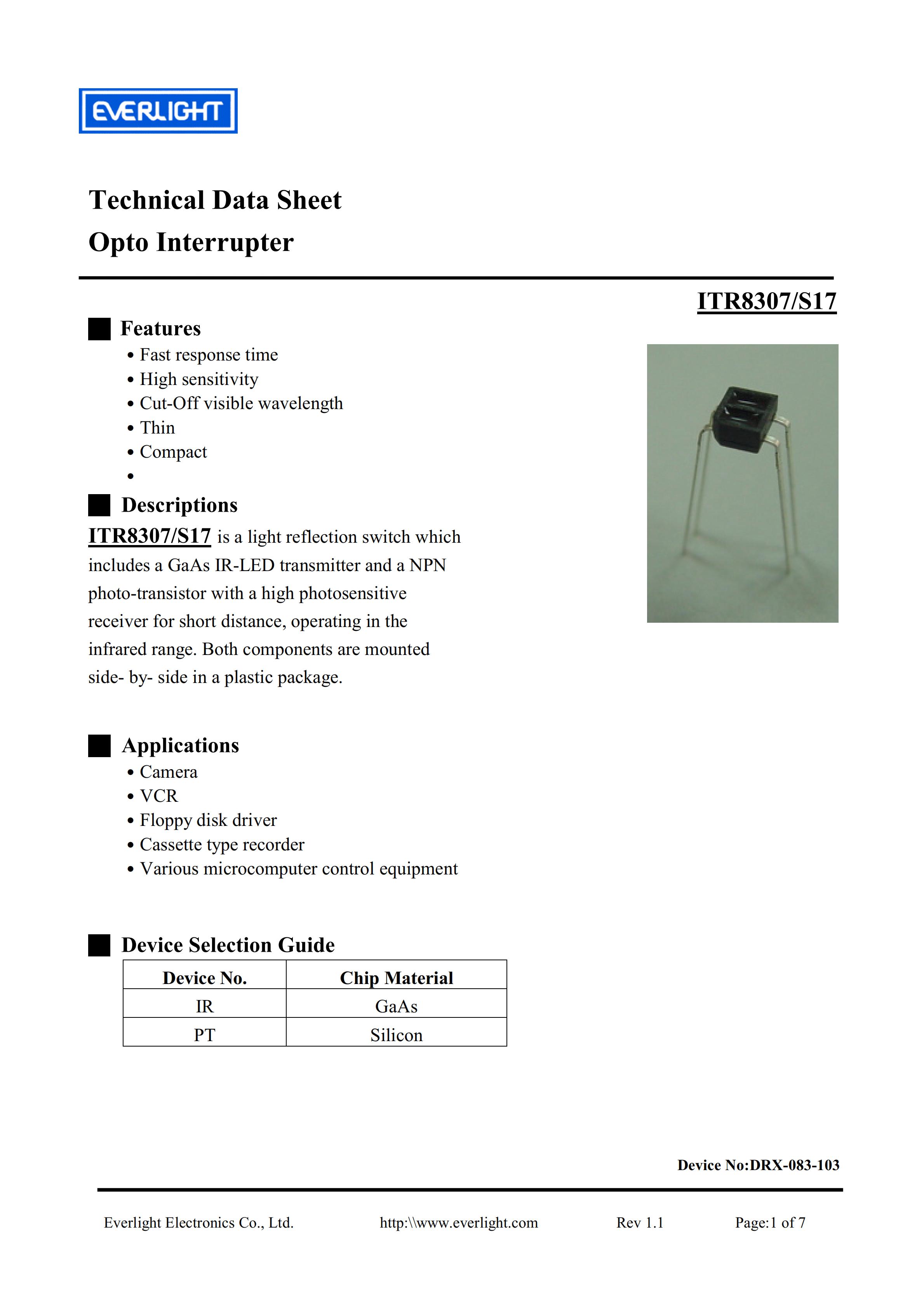 EVERLIGHT Optical Switch ITR8307-S17 Optical Sensor Datasheet