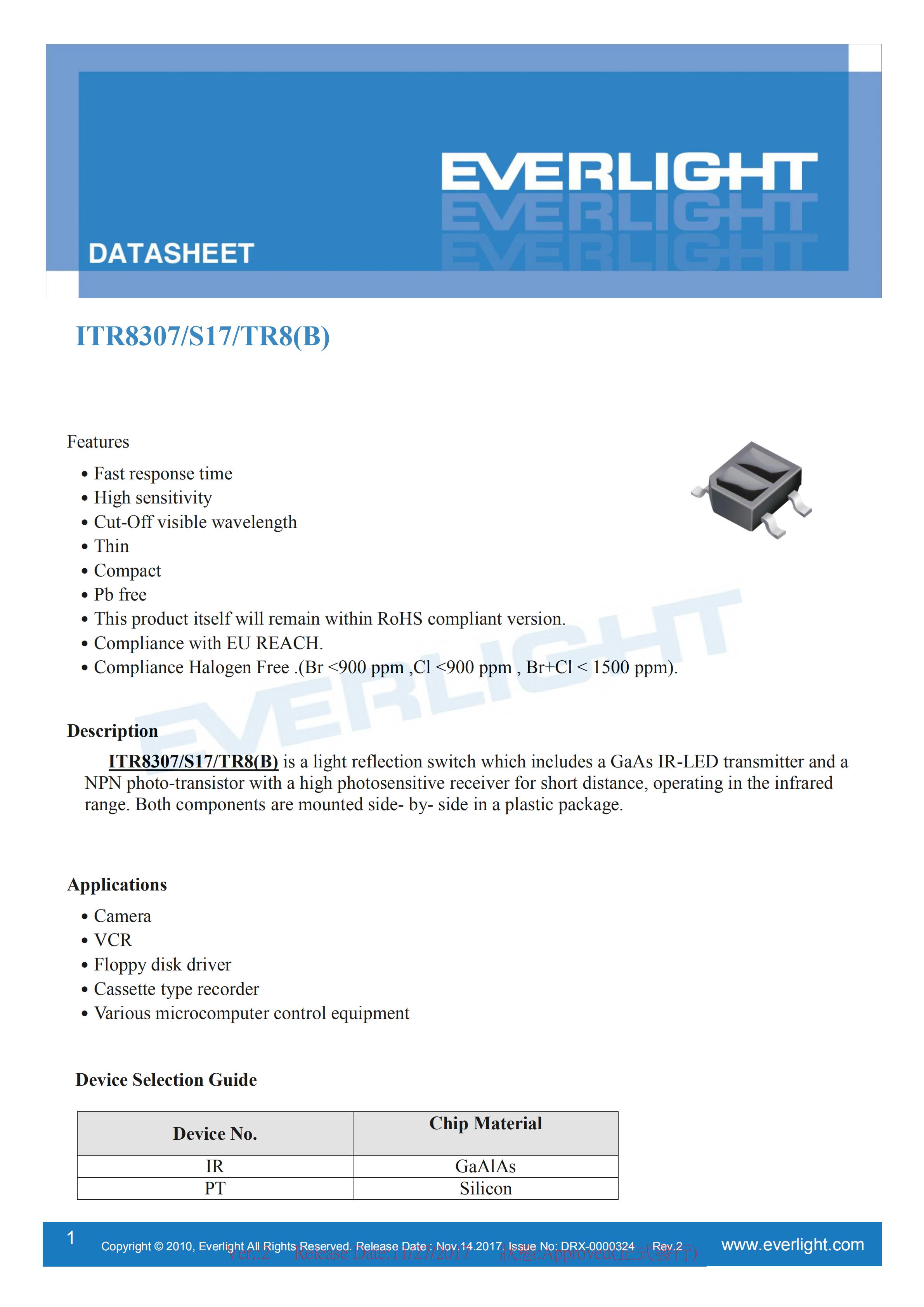 EVERLIGHT Optical Switch ITR8307-S17-TR8(B) Opto Interrupter Datasheet