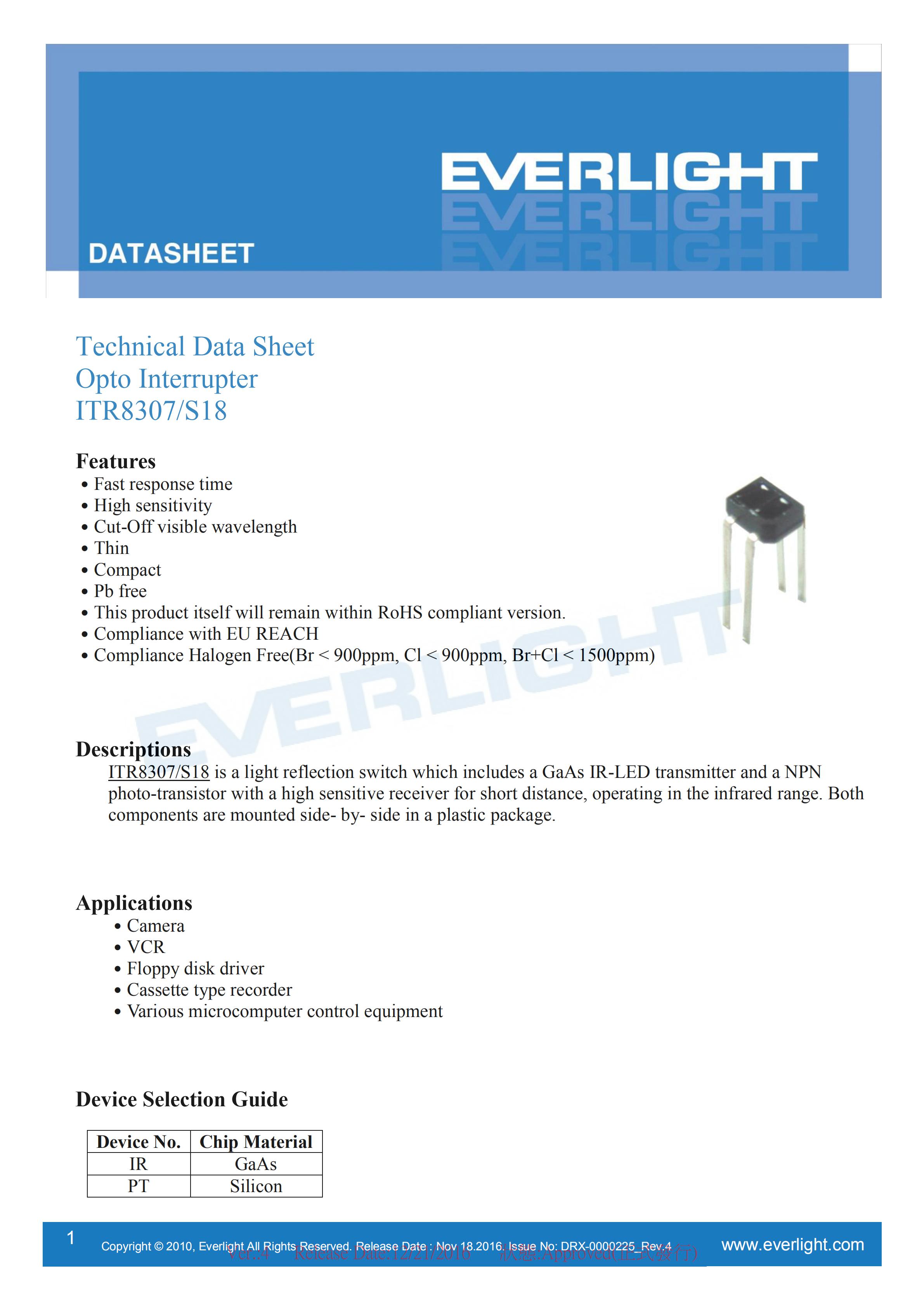 EVERLIGHT Optical Switch ITR8307-S18 Opto Interrupter Datasheet