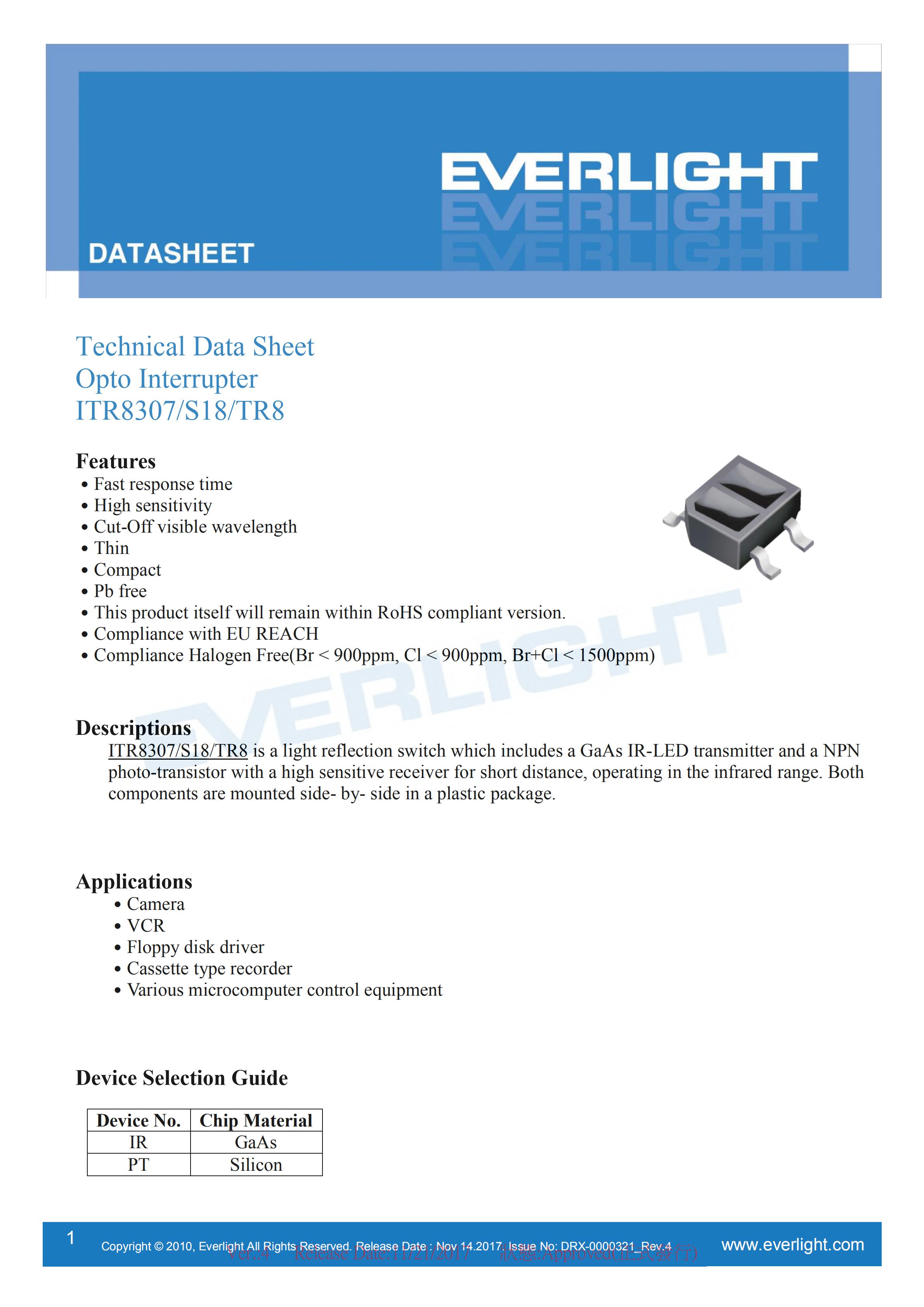 EVERLIGHT Optical Switch ITR8307-S18/TR8 Opto Interrupter Datasheet