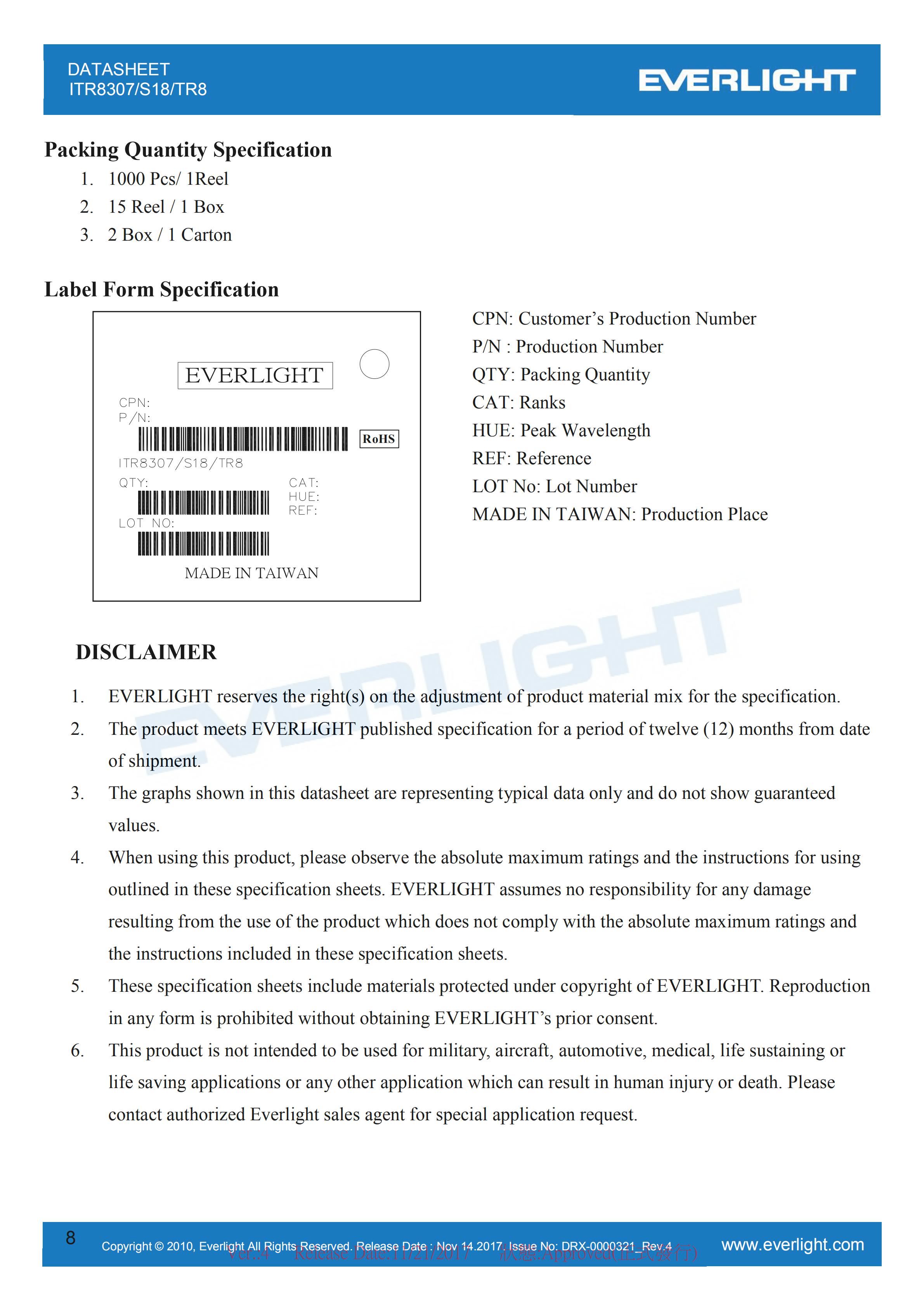 EVERLIGHT Optical Switch ITR8307-S18/TR8 Opto Interrupter Datasheet