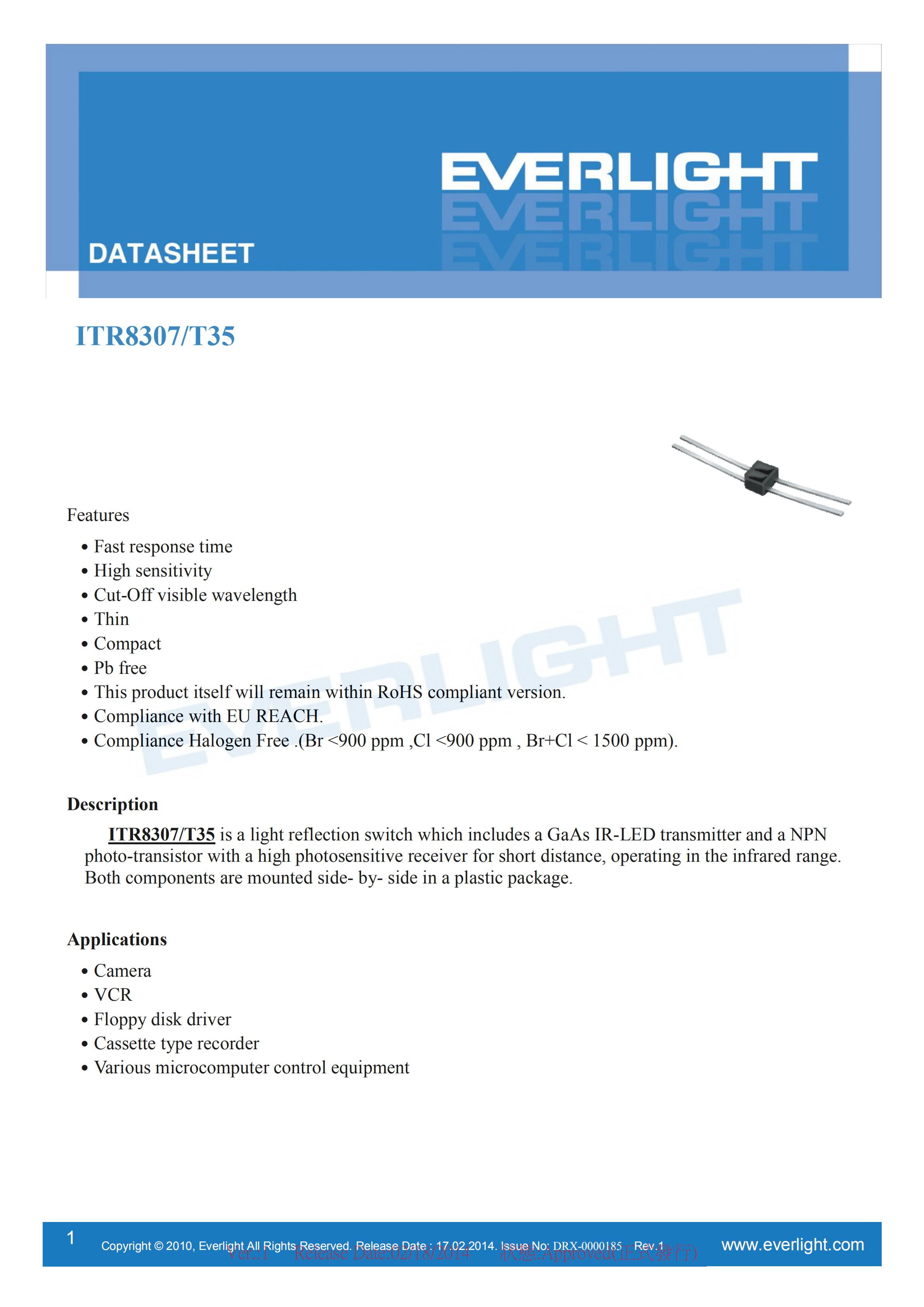 EVERLIGHT Optical Switch ITR8307-T35 Opto Interrupter Datasheet