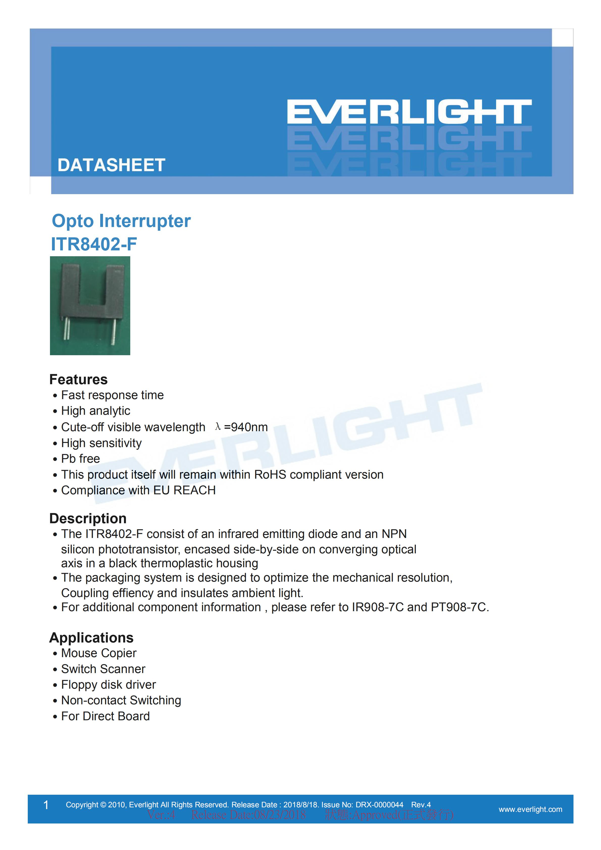 EVERLIGHT Optical Switch ITR8402-F Opto Interrupter Datasheet