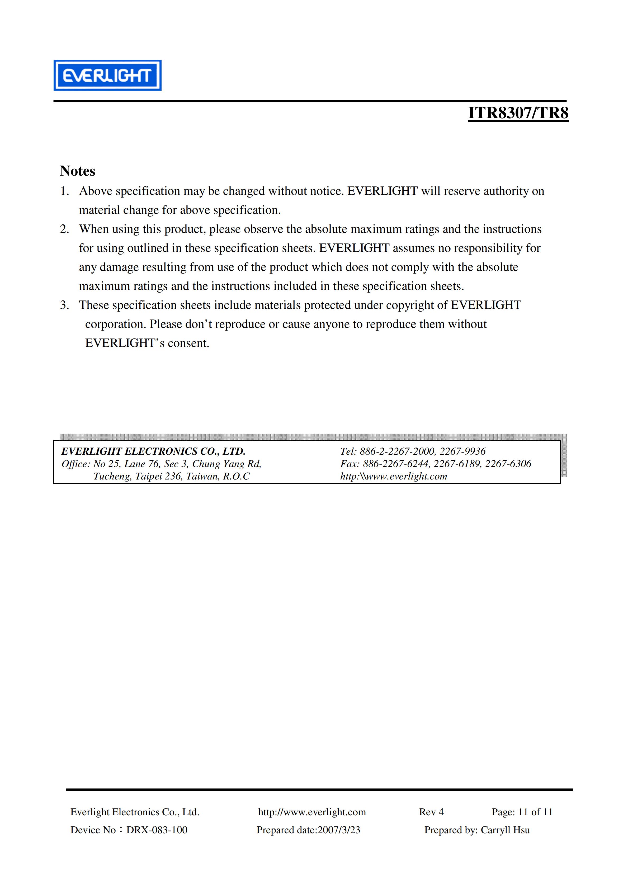 EVERLIGHT Optical Switch ITR8307-TR8 Opto Interrupter Datasheet