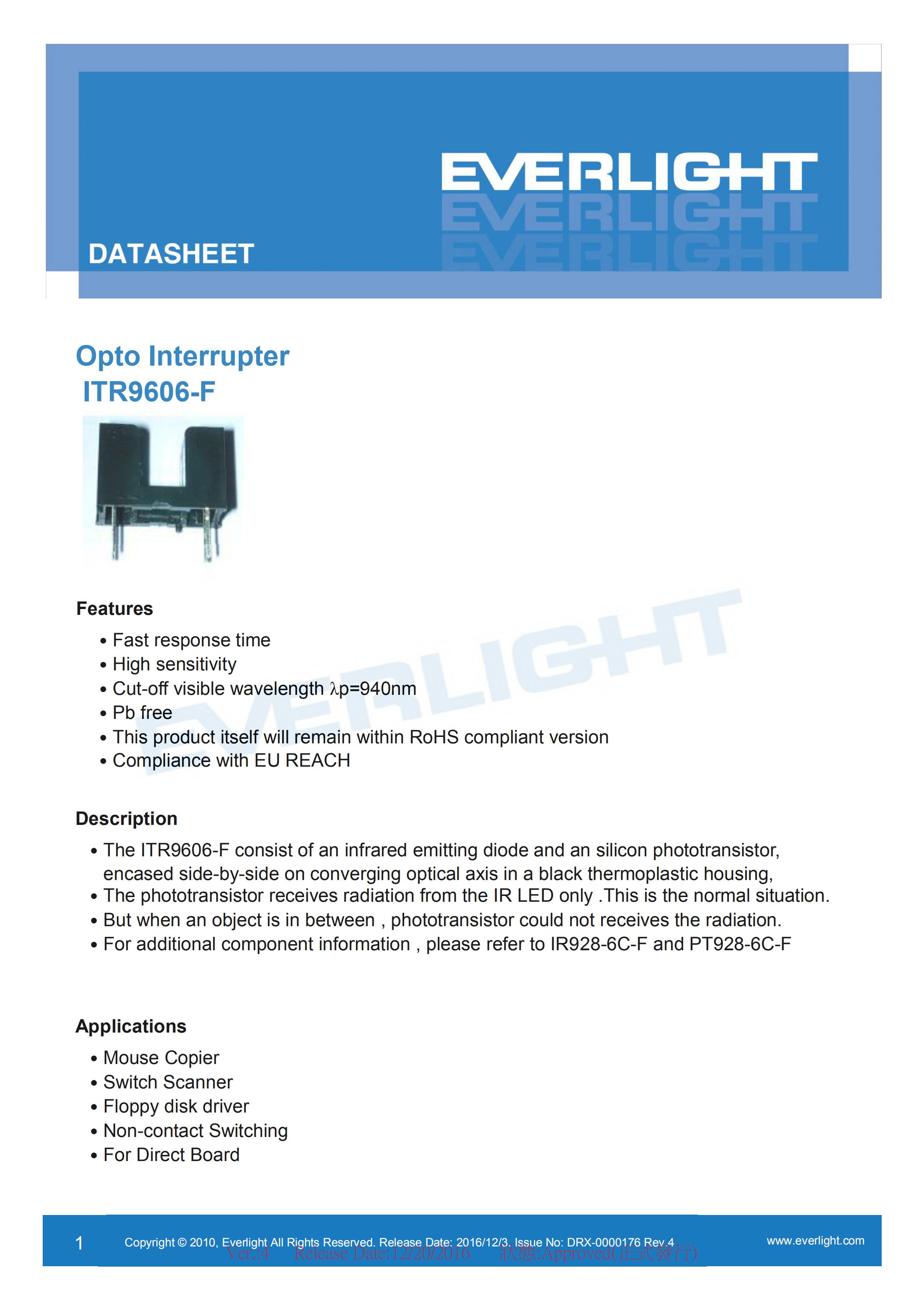 EVERLIGHT Optical Switch ITR9606-F Opto Interrupter Datasheet