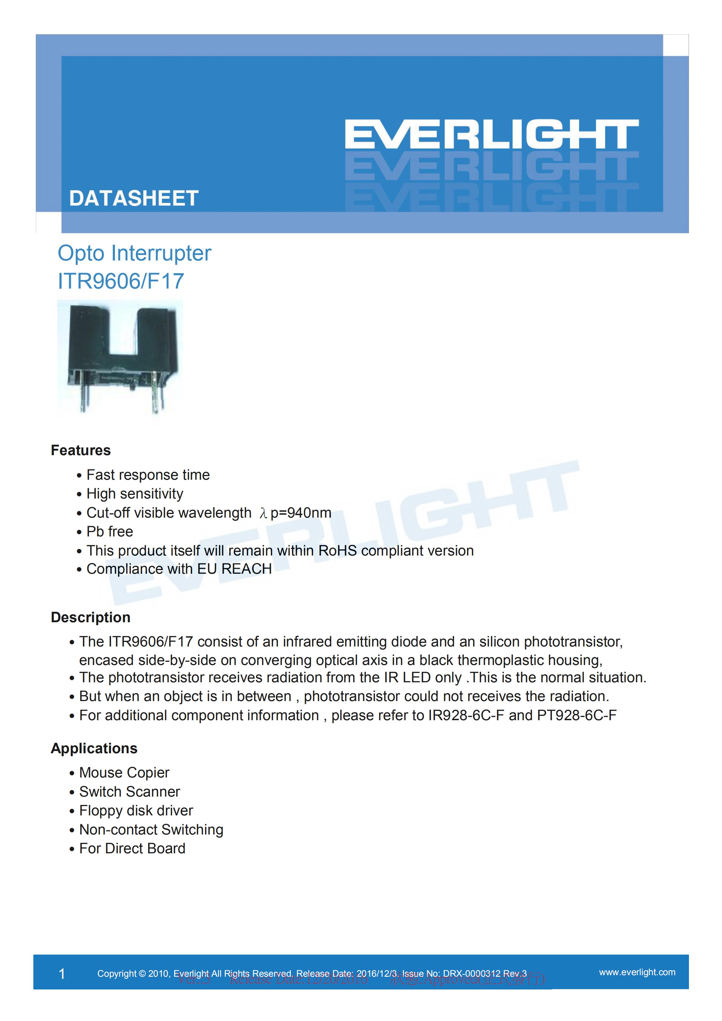 EVERLIGHT Optical Switch ITR9606-F17 Opto Interrupter Datasheet