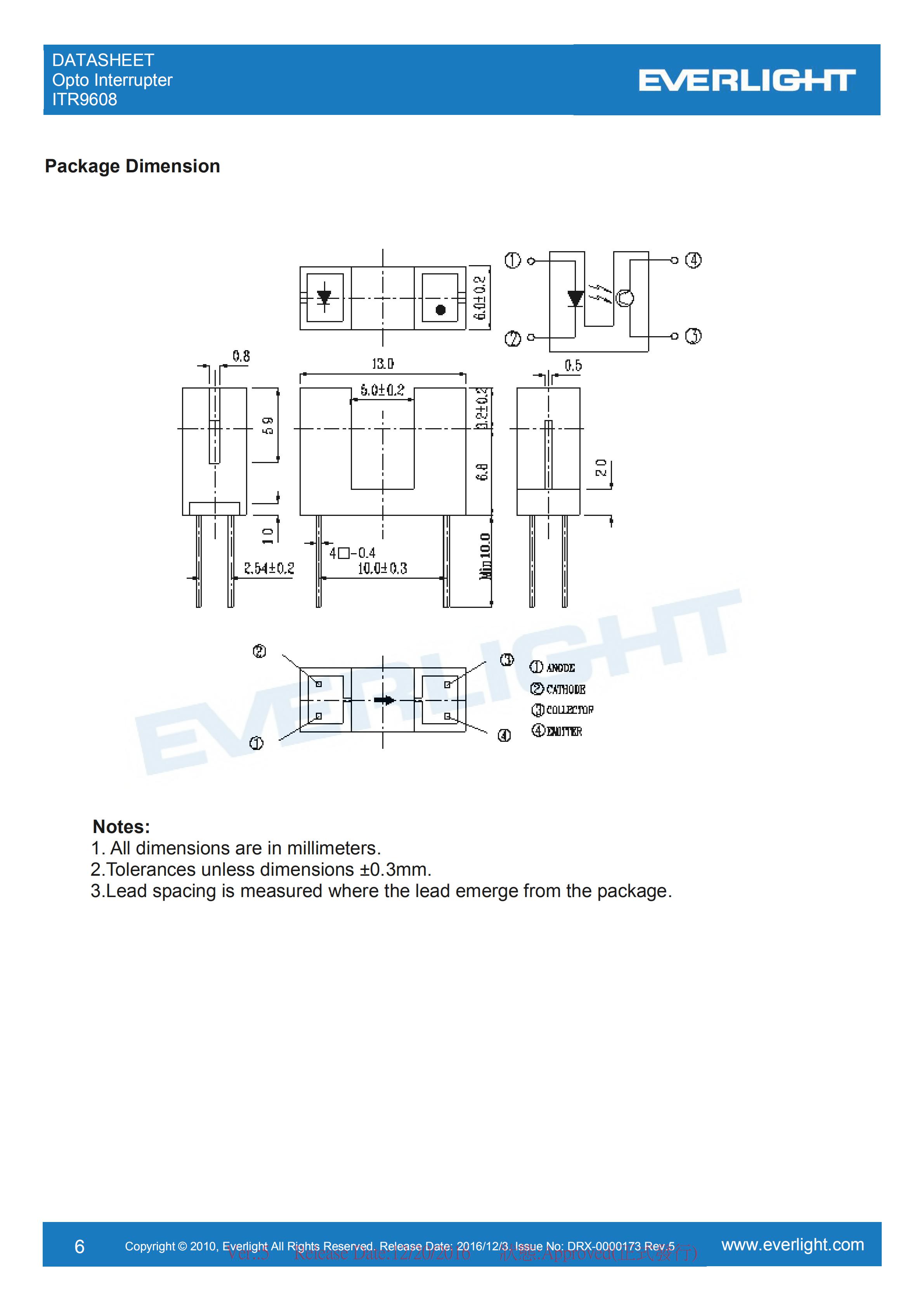 EVERLIGHT Optical Switch ITR9608 Opto Interrupter Datasheet