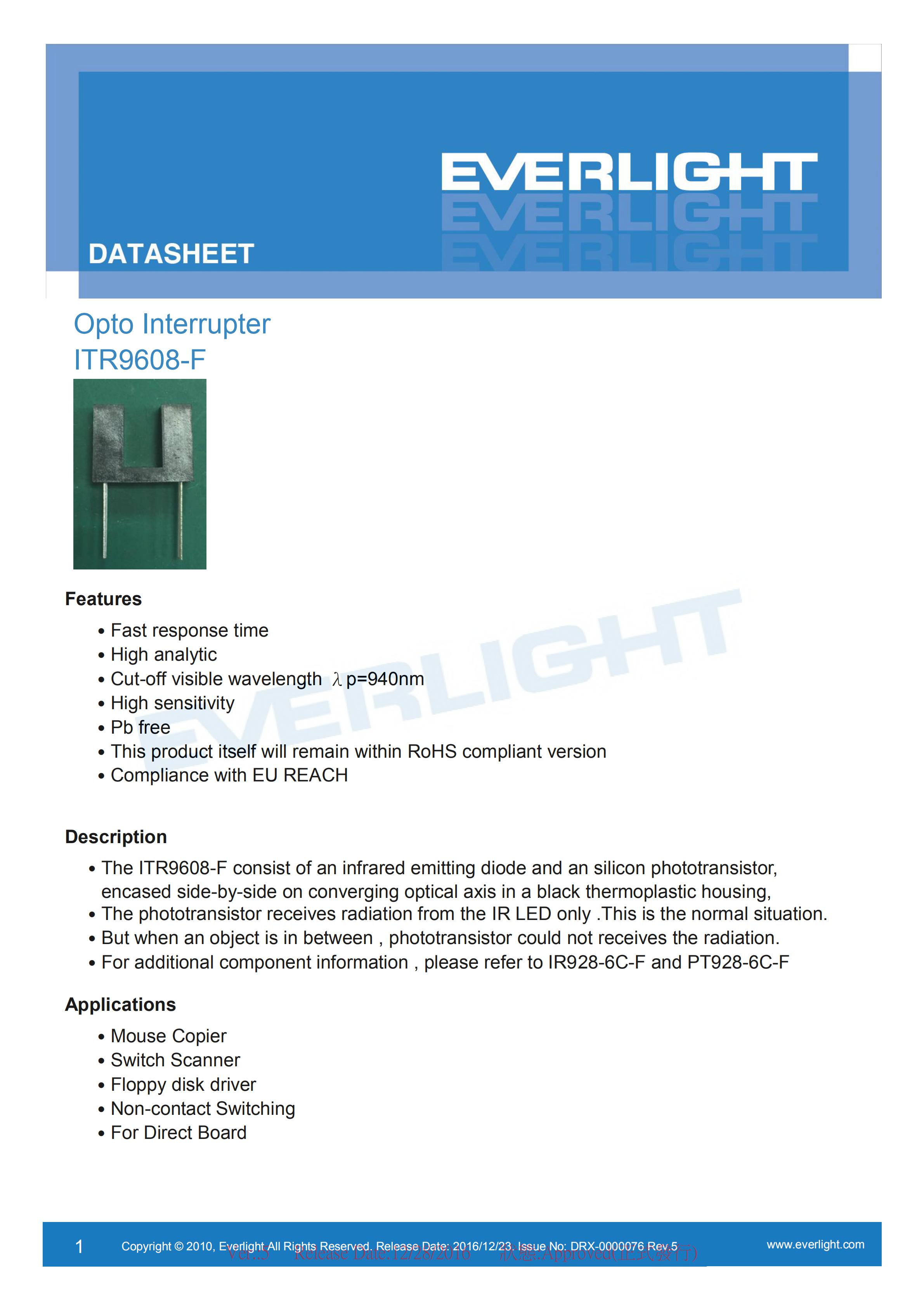 EVERLIGHT Optical Switch ITR9608-F Opto Interrupter Datasheet