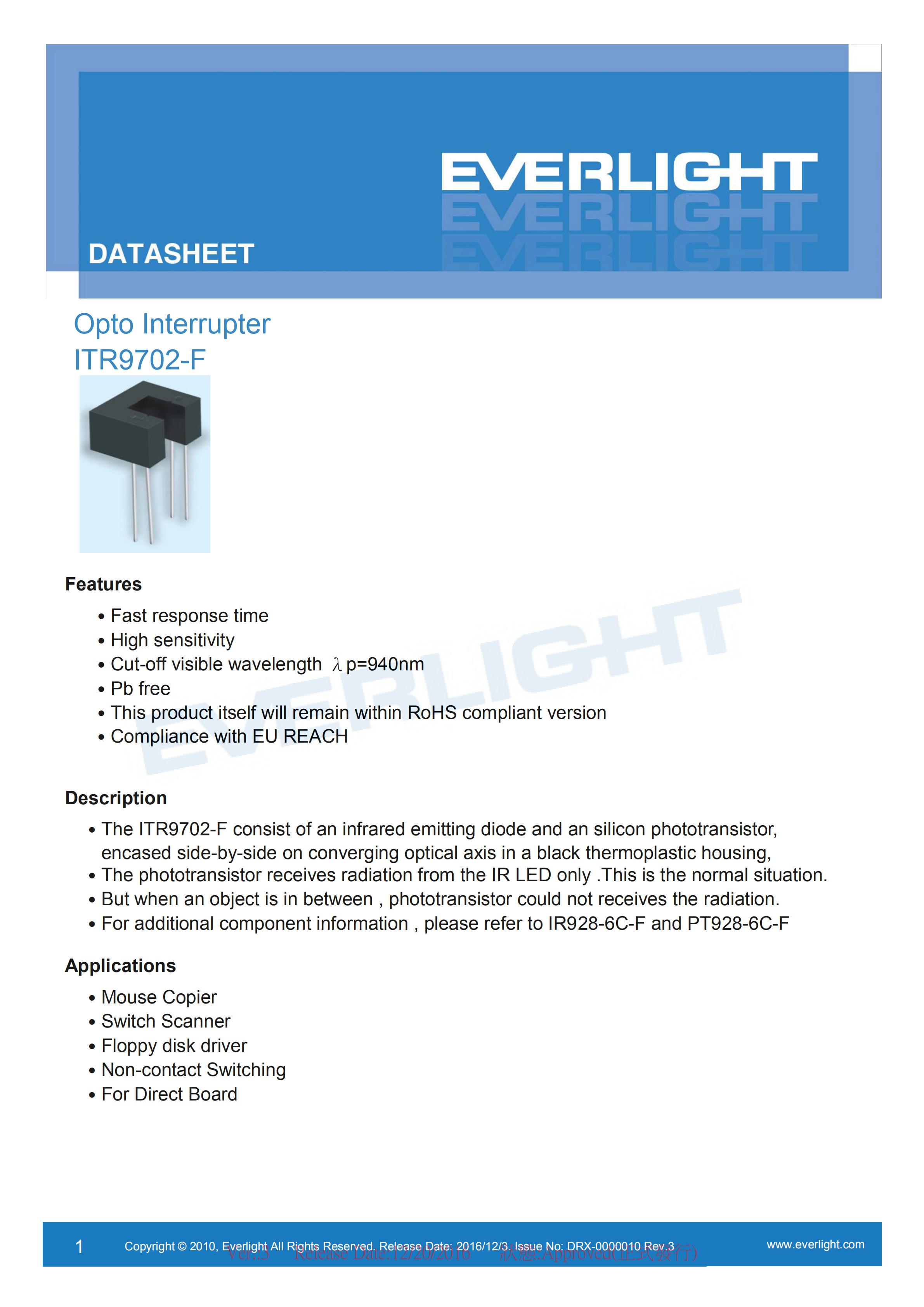 EVERLIGHT Optical Switch ITR9702-F Opto Interrupter Datasheet