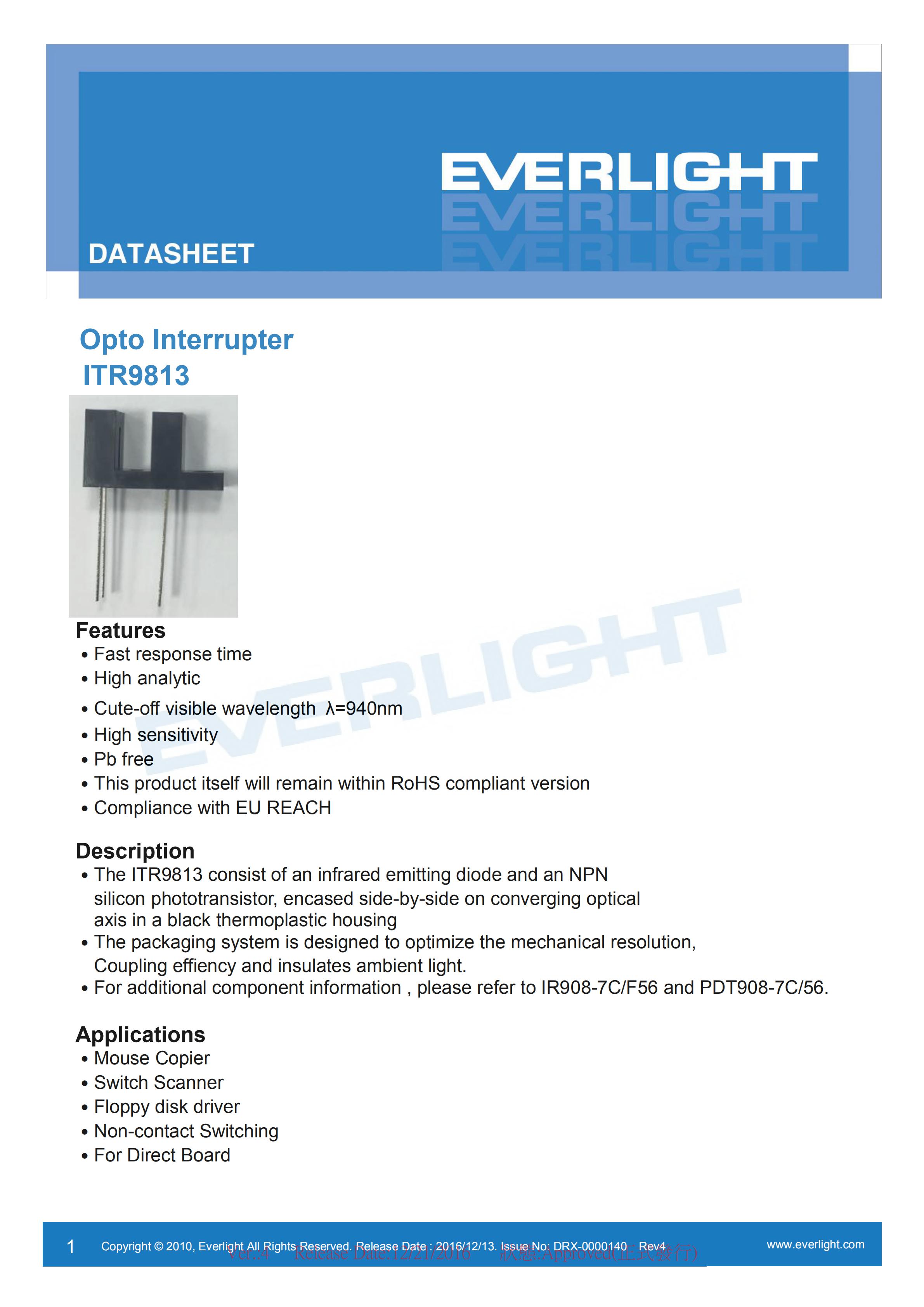 EVERLIGHT Optical Switch ITR9813 Opto Interrupter Datasheet