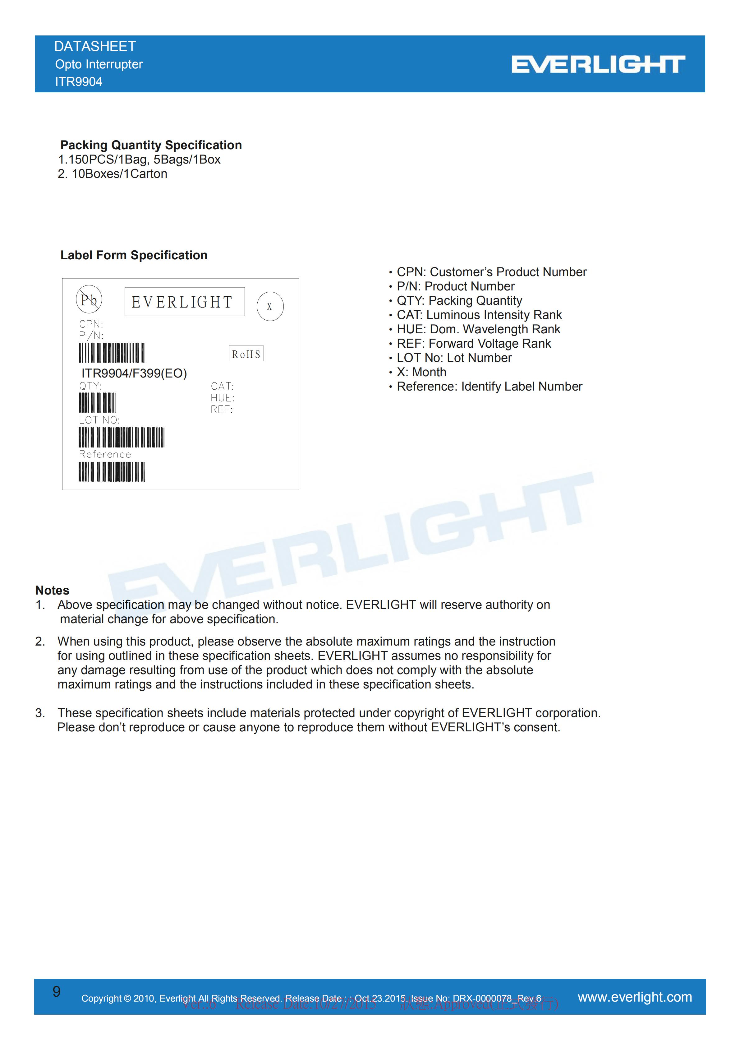 EVERLIGHT Optical Switch ITR9904 Opto Interrupter Datasheet