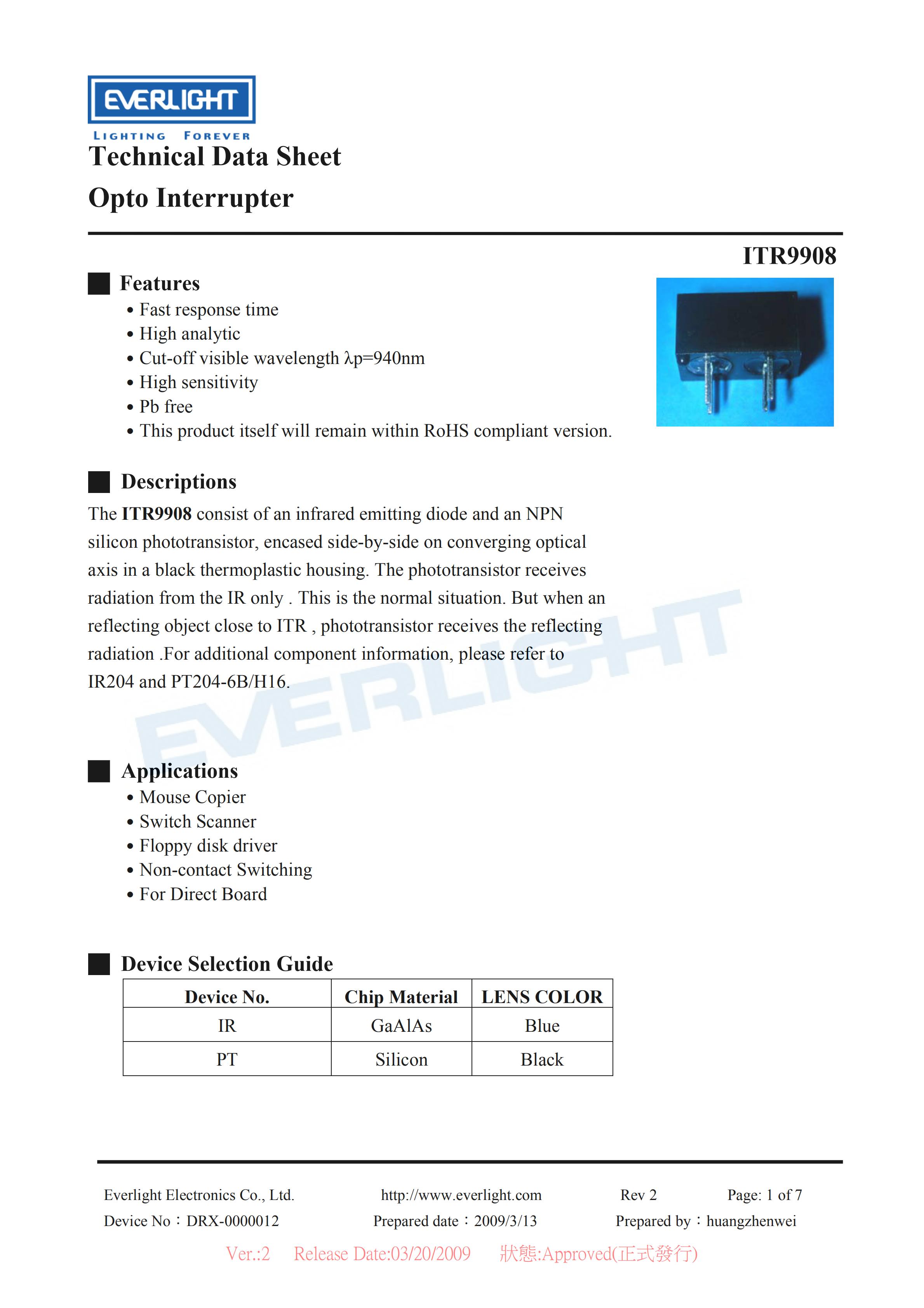 EVERLIGHT Optical Switch ITR9908 Opto Interrupter