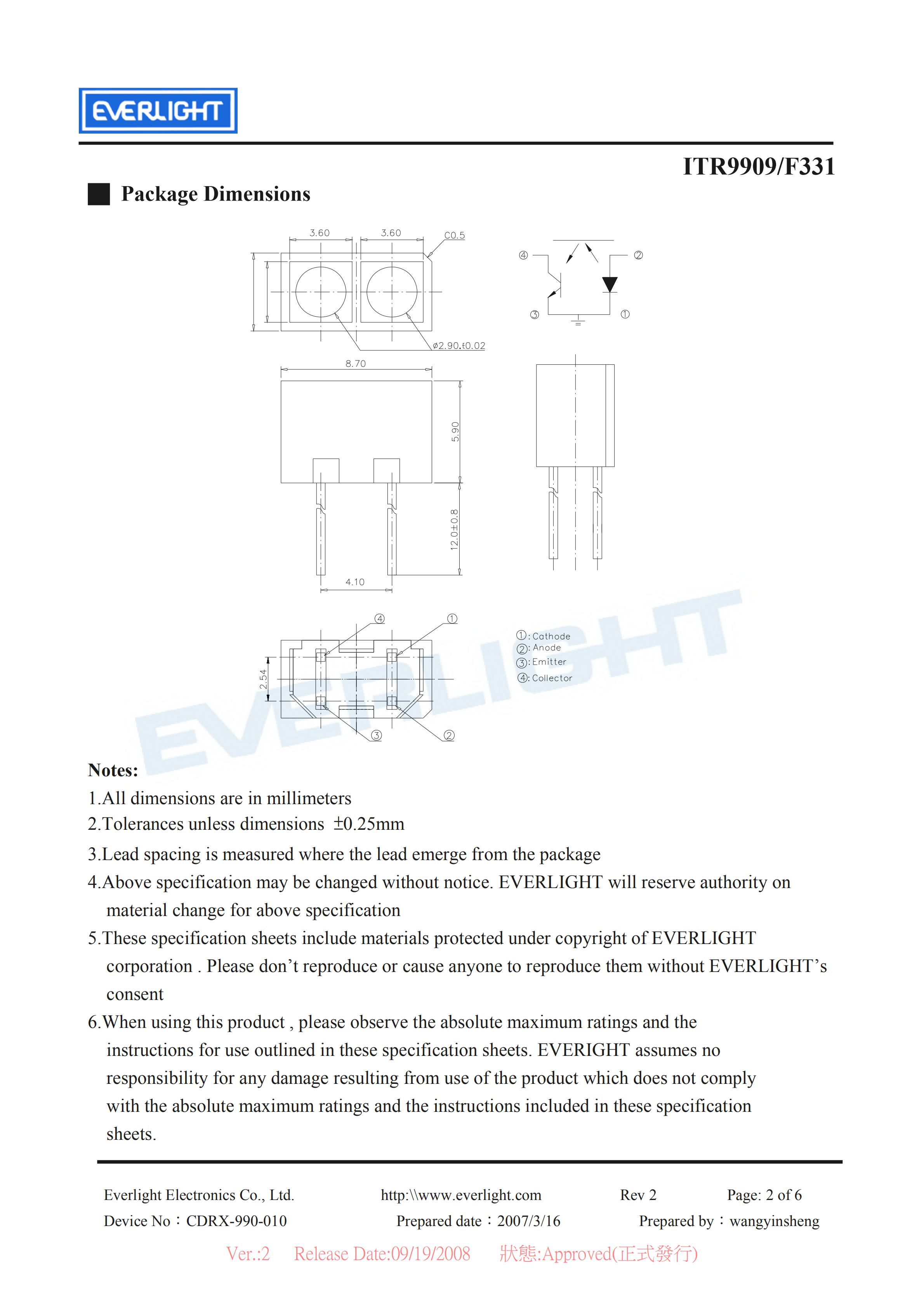 EVERLIGHT Optical Switch ITR9909-F331 Opto Interrupter Datasheet