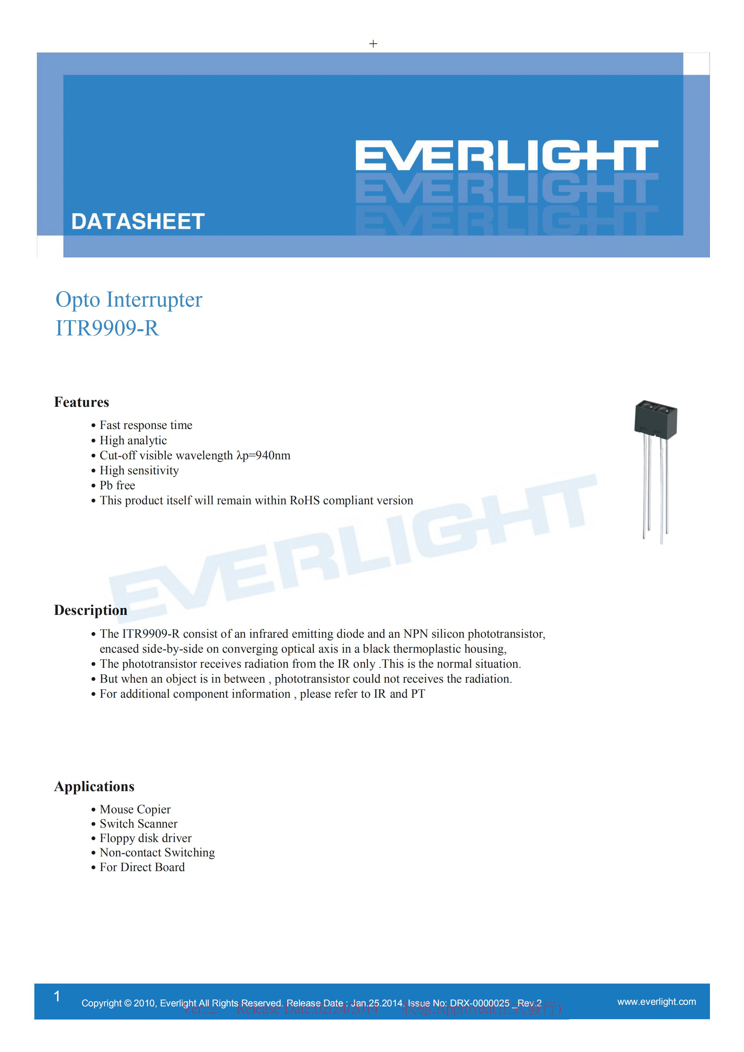 EVERLIGHT Optical Switch ITR9909-R Opto Interrupter Datasheet