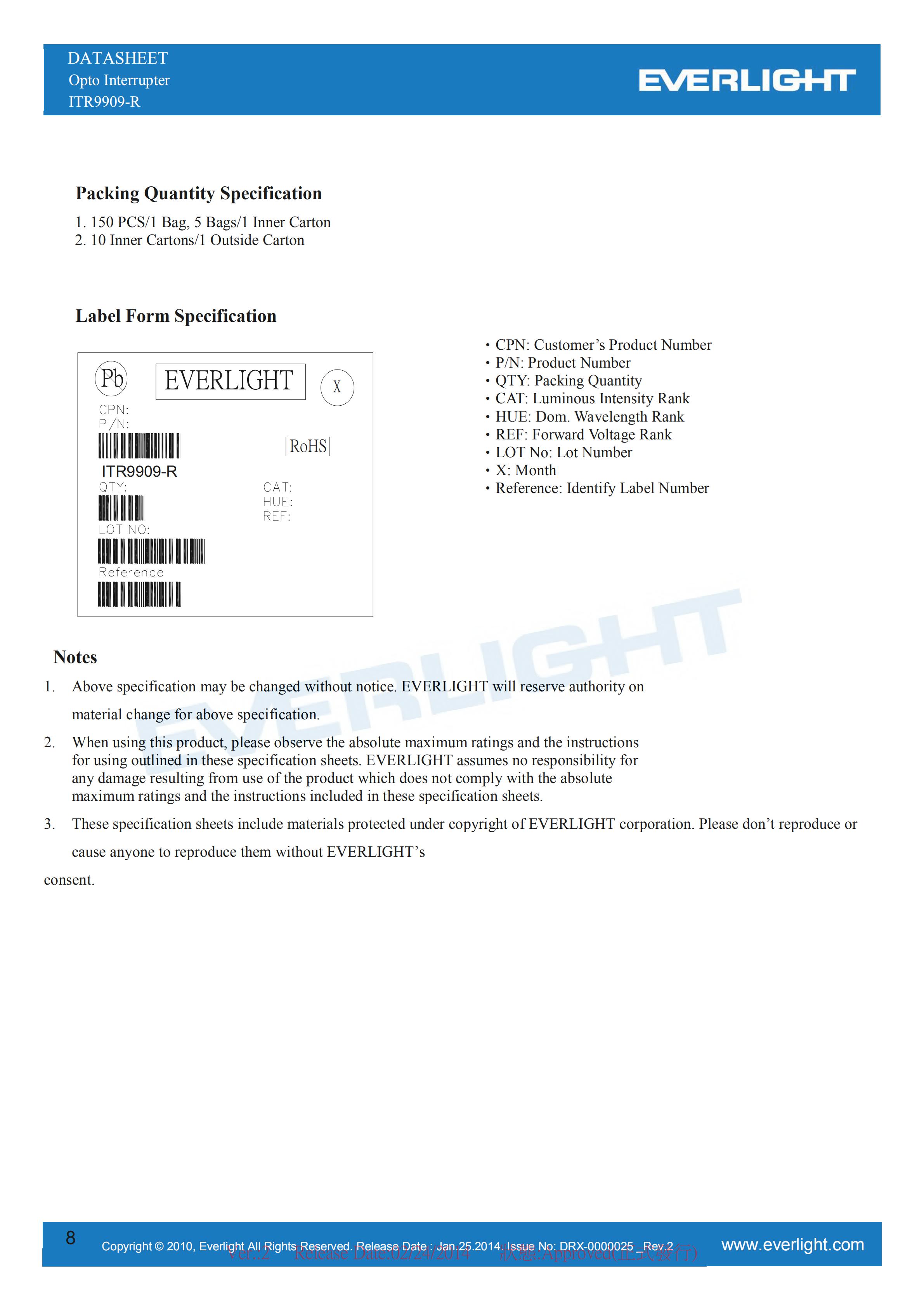 EVERLIGHT Optical Switch ITR9909-R Opto Interrupter Datasheet