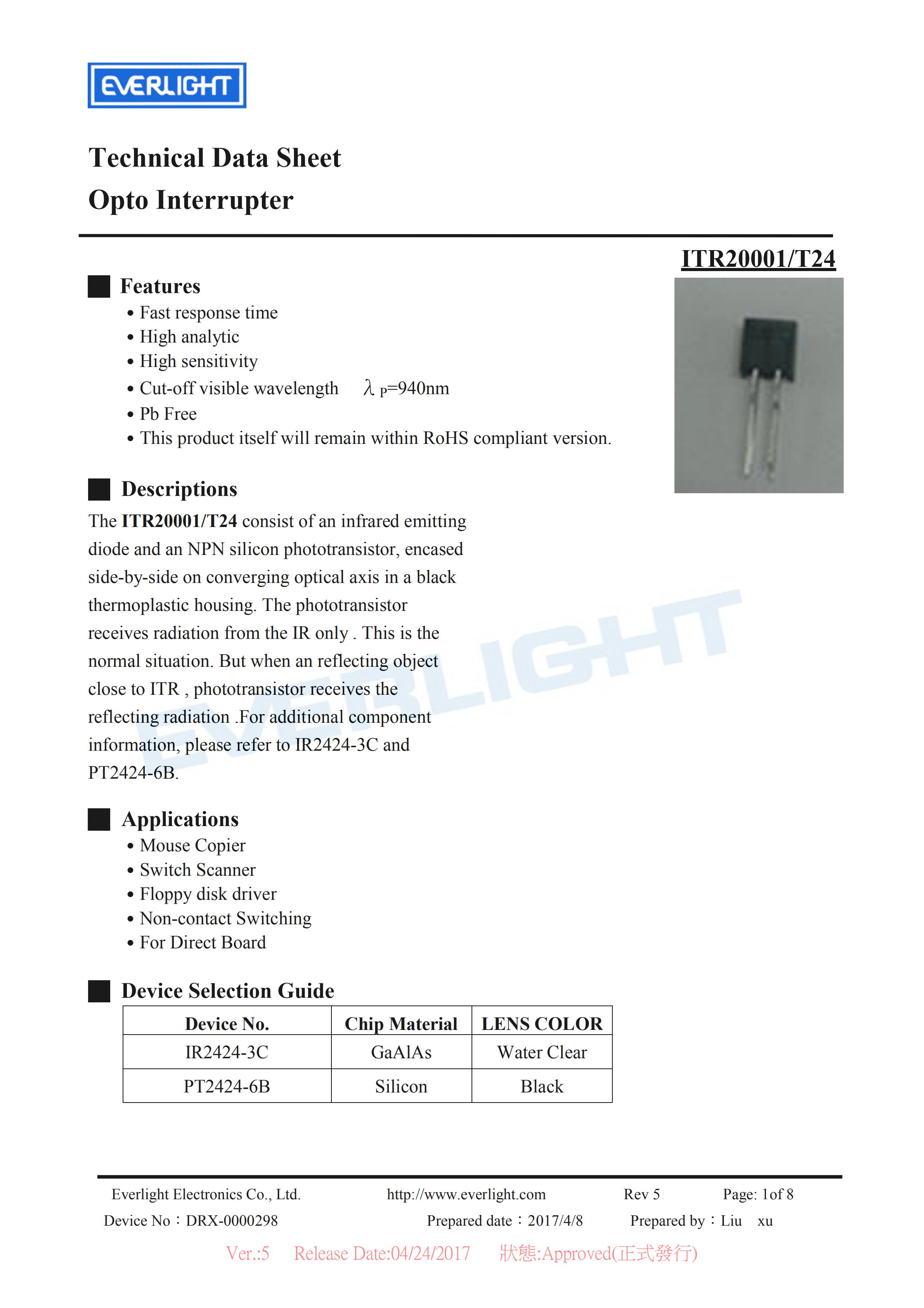 EVERLIGHT Optical Switch ITR20001-T24 Opto Interrupter Datasheet