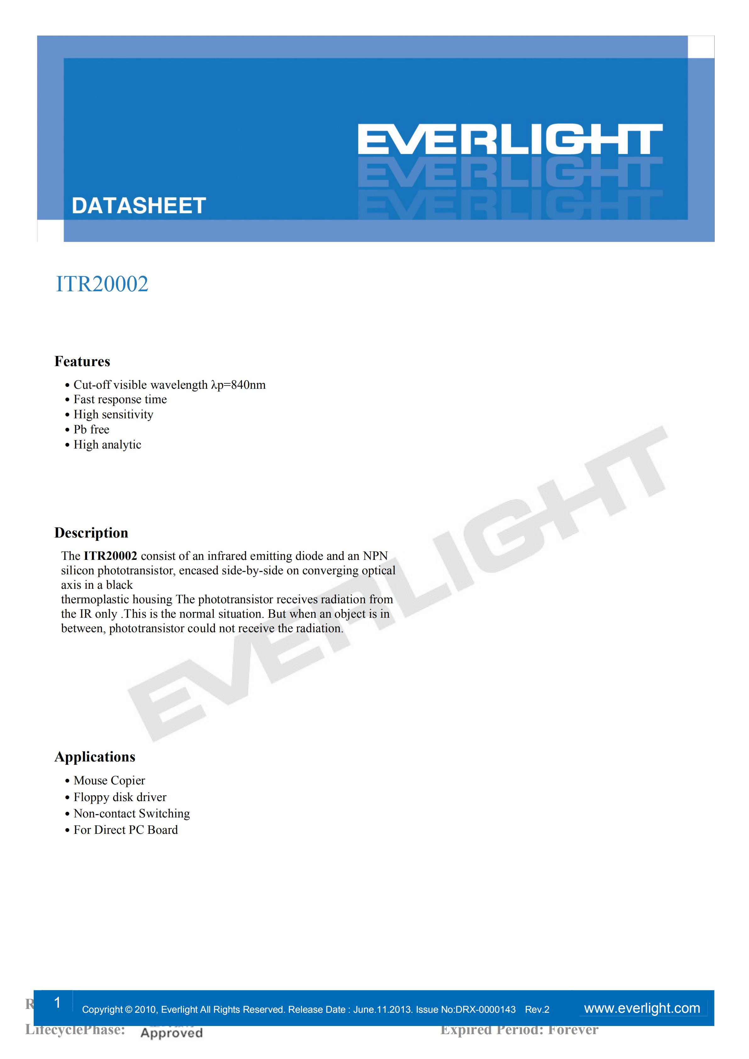 EVERLIGHT Optical Switch ITR20002 Opto Interrupter Datasheet