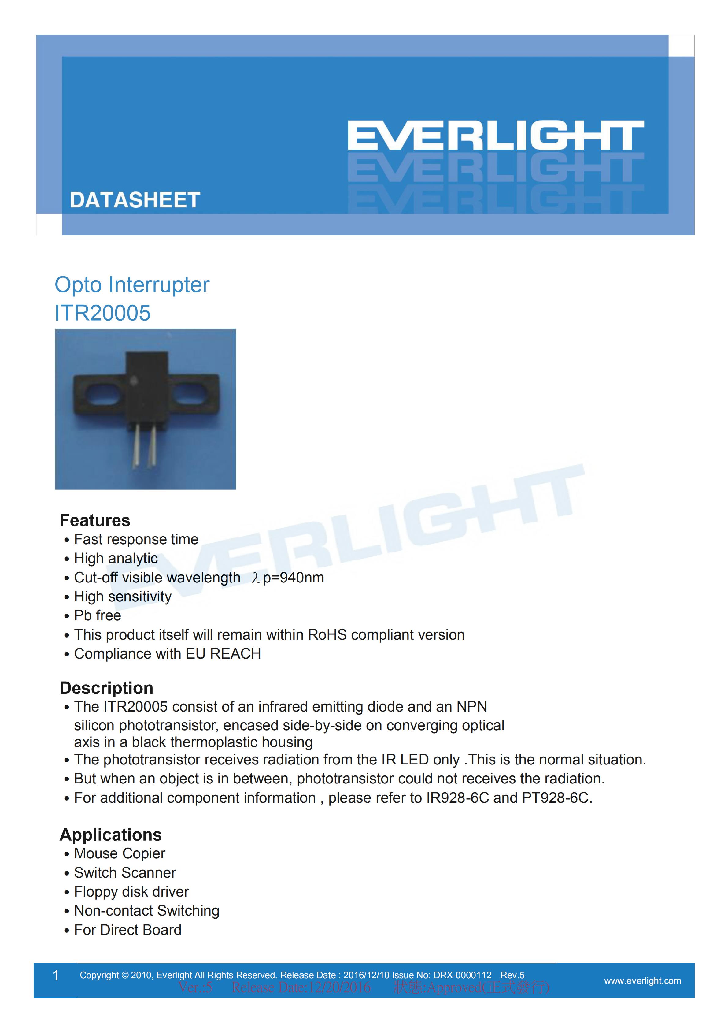 EVERLIGHT Optical Switch ITR20005 Opto Interrupter Datasheet