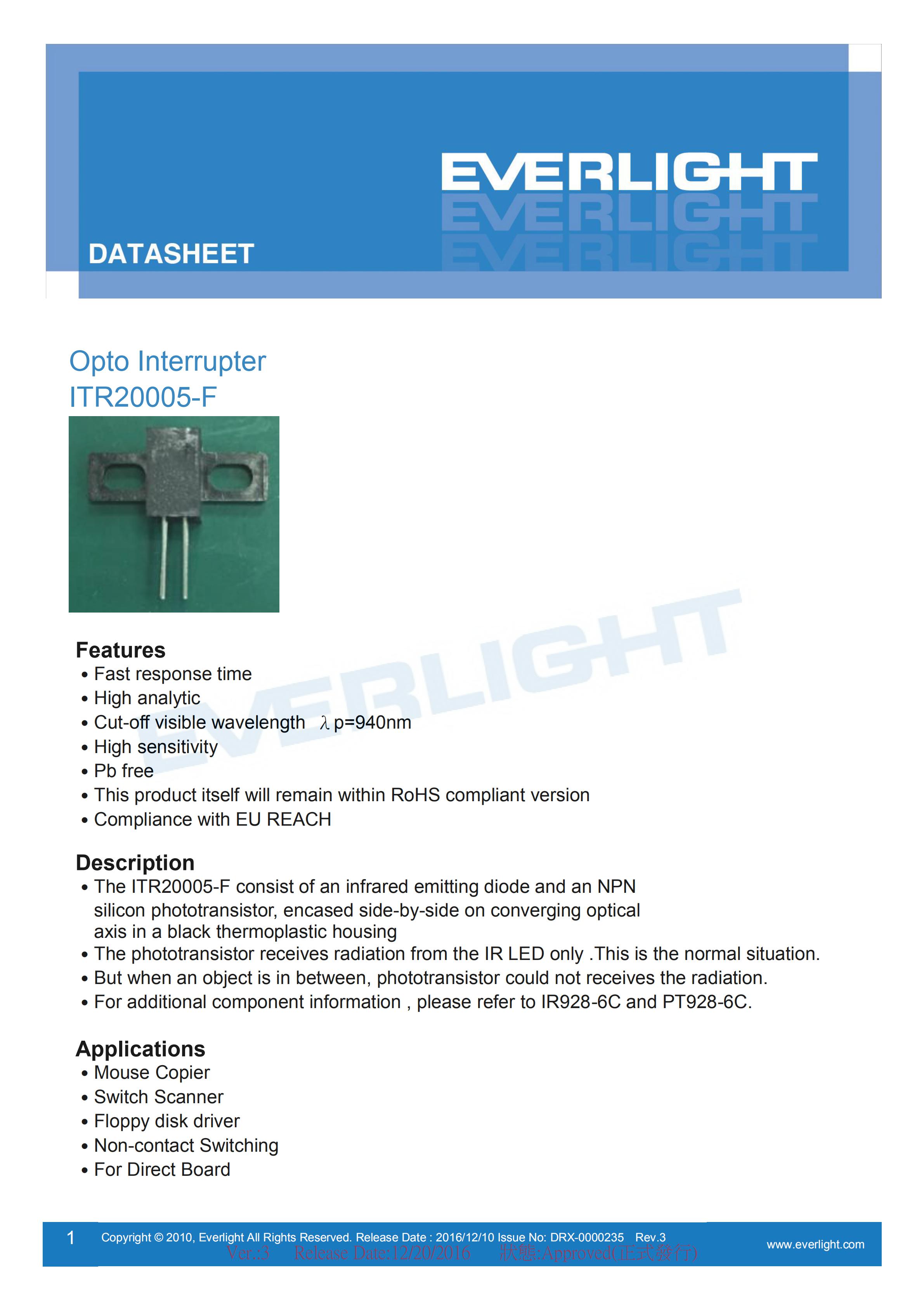 EVERLIGHT Optical Switch ITR20005-F Opto Interrupter Datasheet