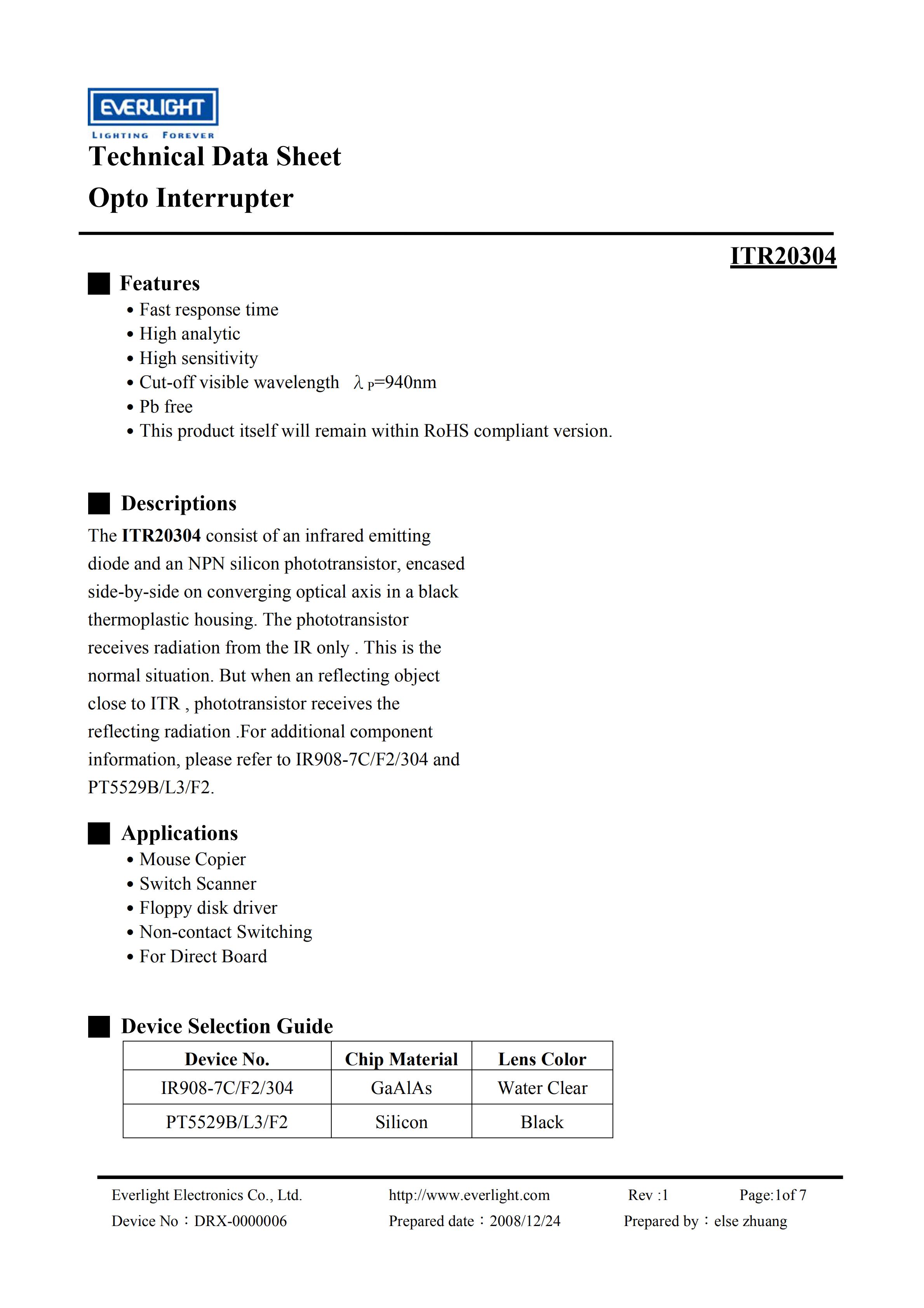 EVERLIGHT Optical Switch ITR20304 Opto Interrupter Datasheet