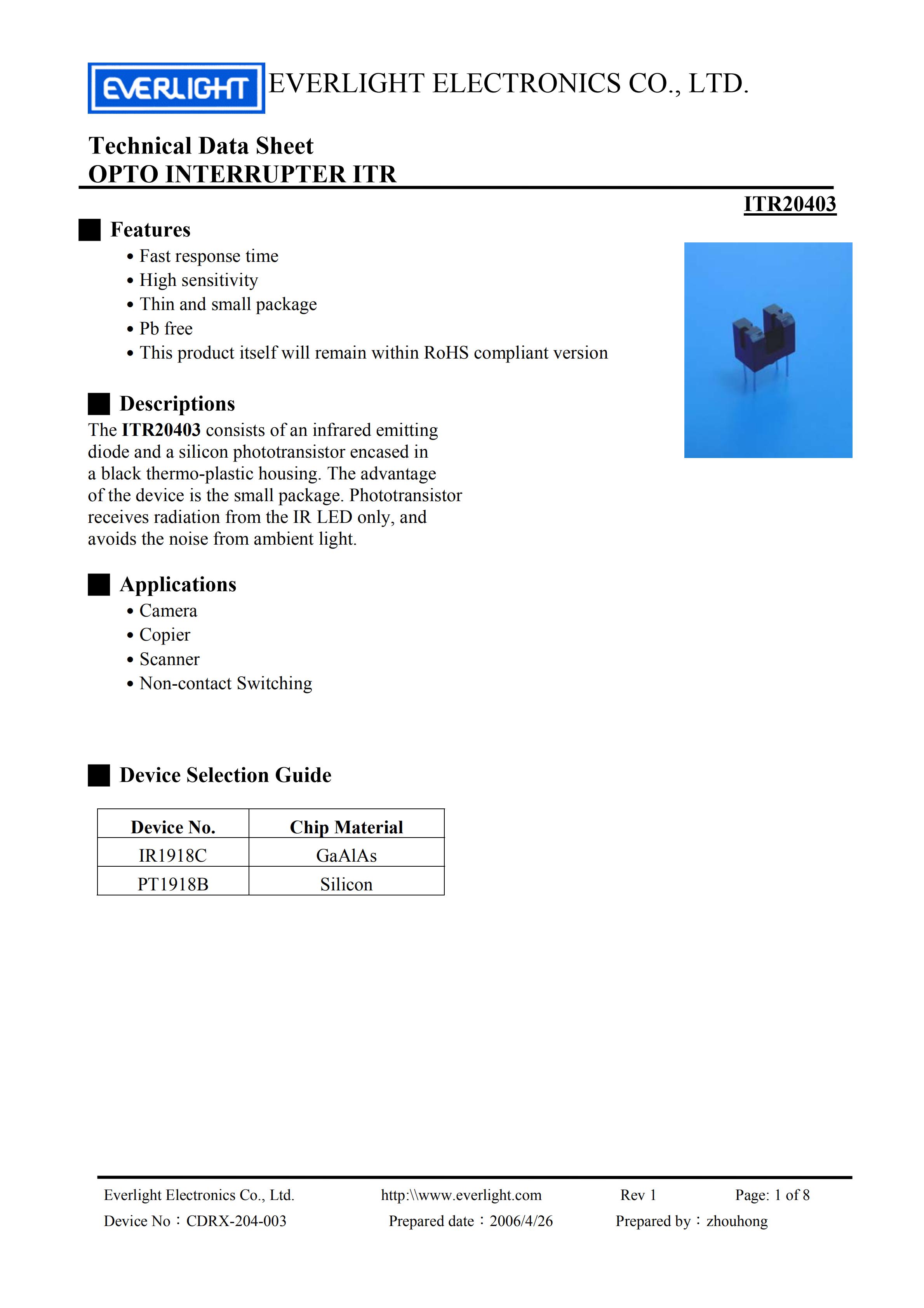 EVERLIGHT Optical Switch ITR20403 Opto Interrupter Datasheet