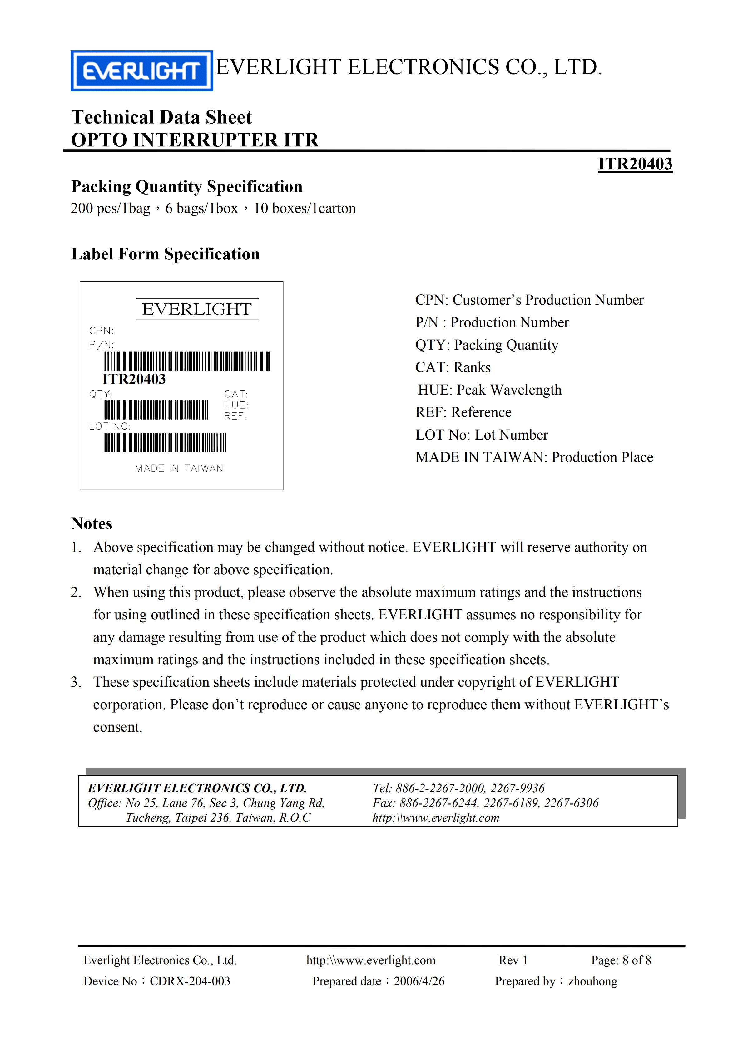 EVERLIGHT Optical Switch ITR20403 Opto Interrupter Datasheet