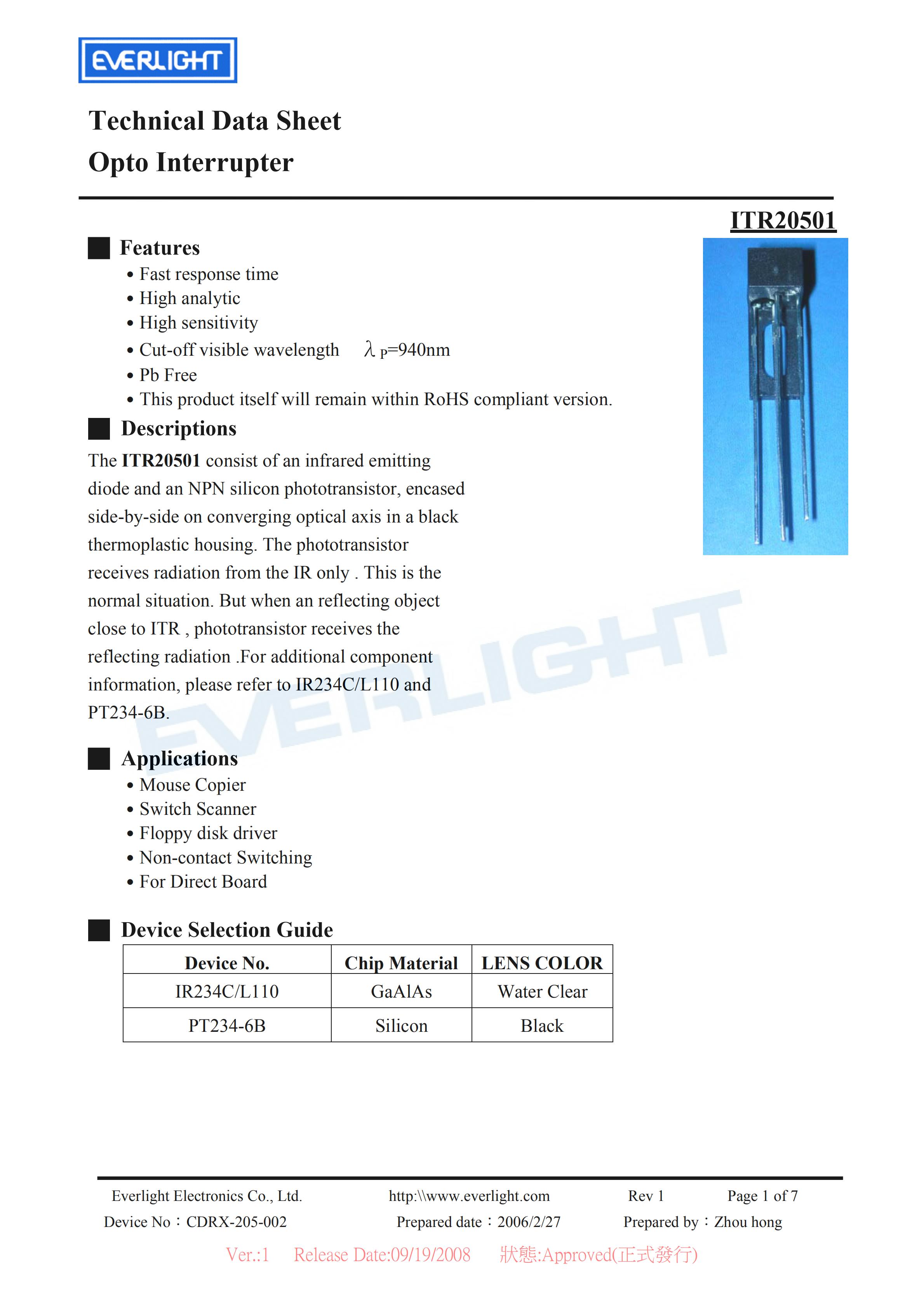 EVERLIGHT Optical Switch ITR20501 Opto Interrupter Datasheet