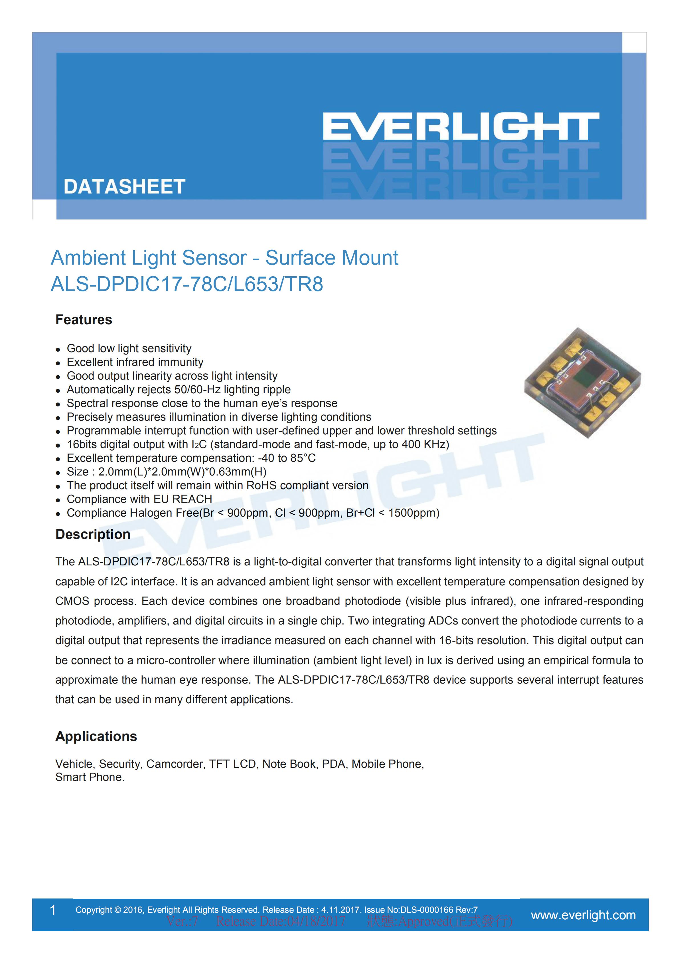 Everlight 0808 Ambient Light Sensor ALS-DPDIC17-78C/L653/TR8 Datasheet