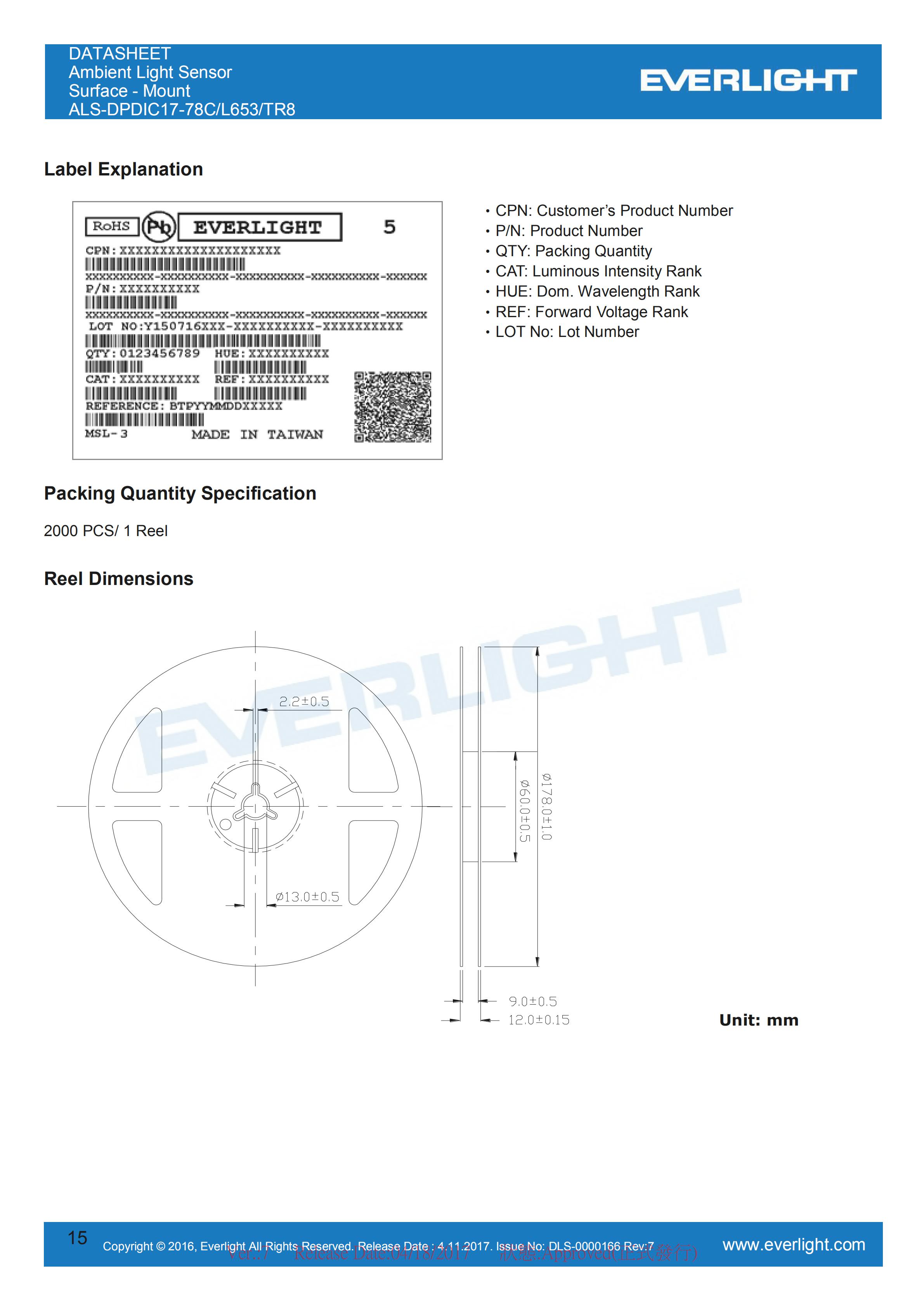 Everlight 0808 Ambient Light Sensor ALS-DPDIC17-78C/L653/TR8 Datasheet