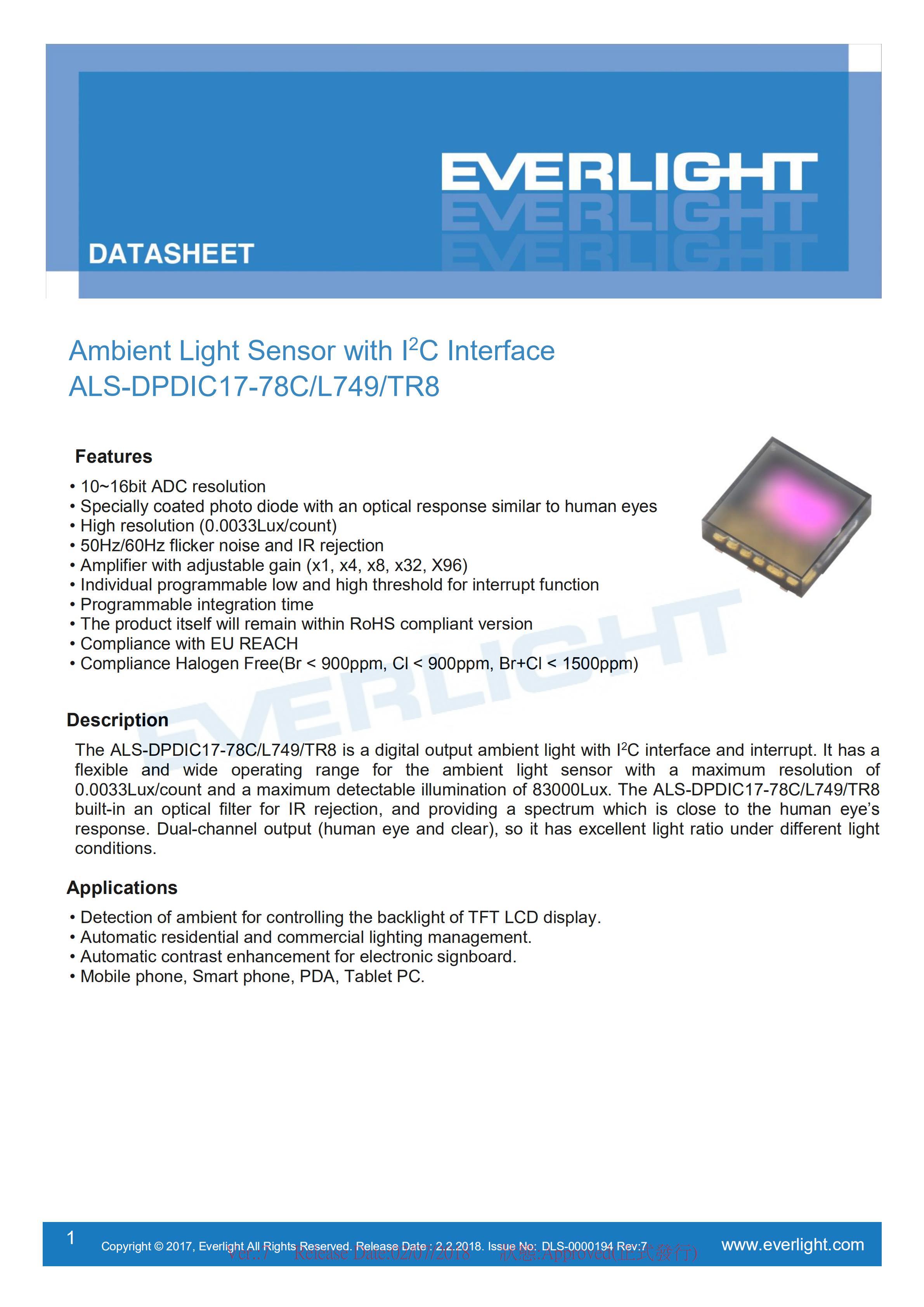 Everlight 0808 Ambient Light Sensor ALS-DPDIC17-78C/L749/TR8 Datasheet
