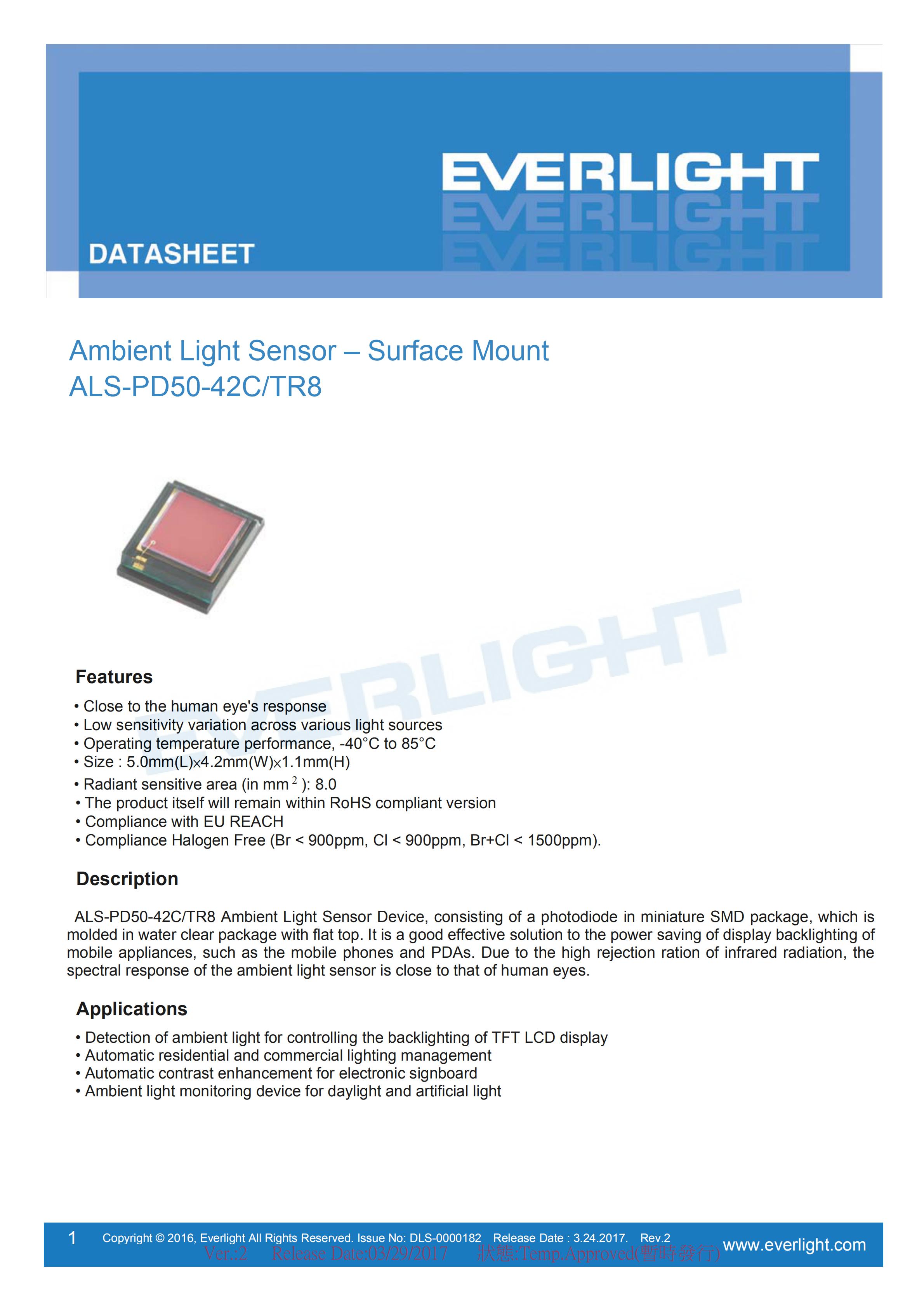Everlight Ambient Light Sensor ALS-PD50-42C/TR8 Datasheet