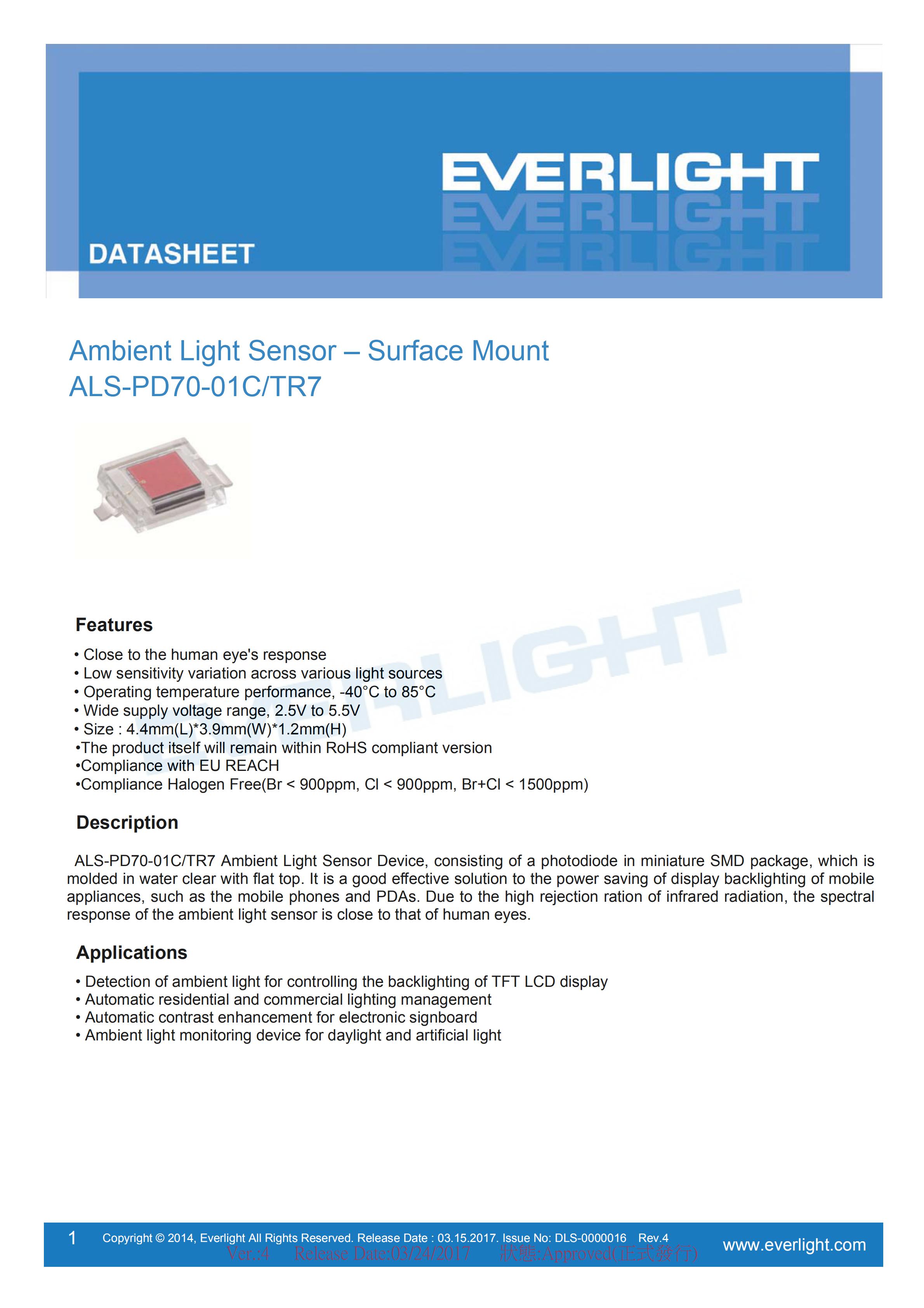 Everlight Ambient Light Sensor ALS-PD70-01C/TR7 Datasheet