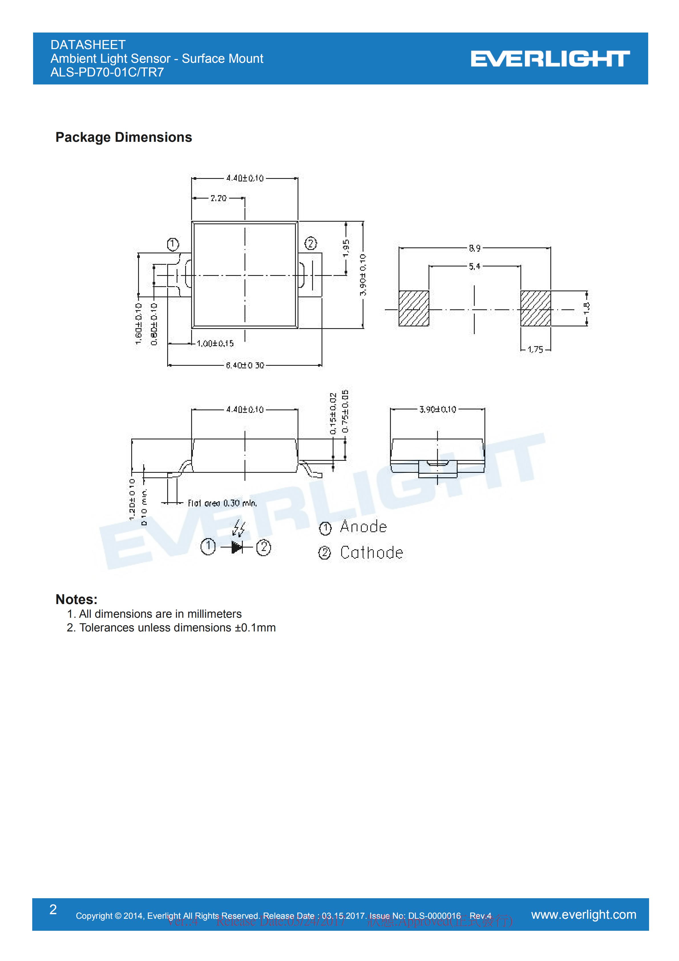 Everlight Ambient Light Sensor ALS-PD70-01C/TR7 Datasheet