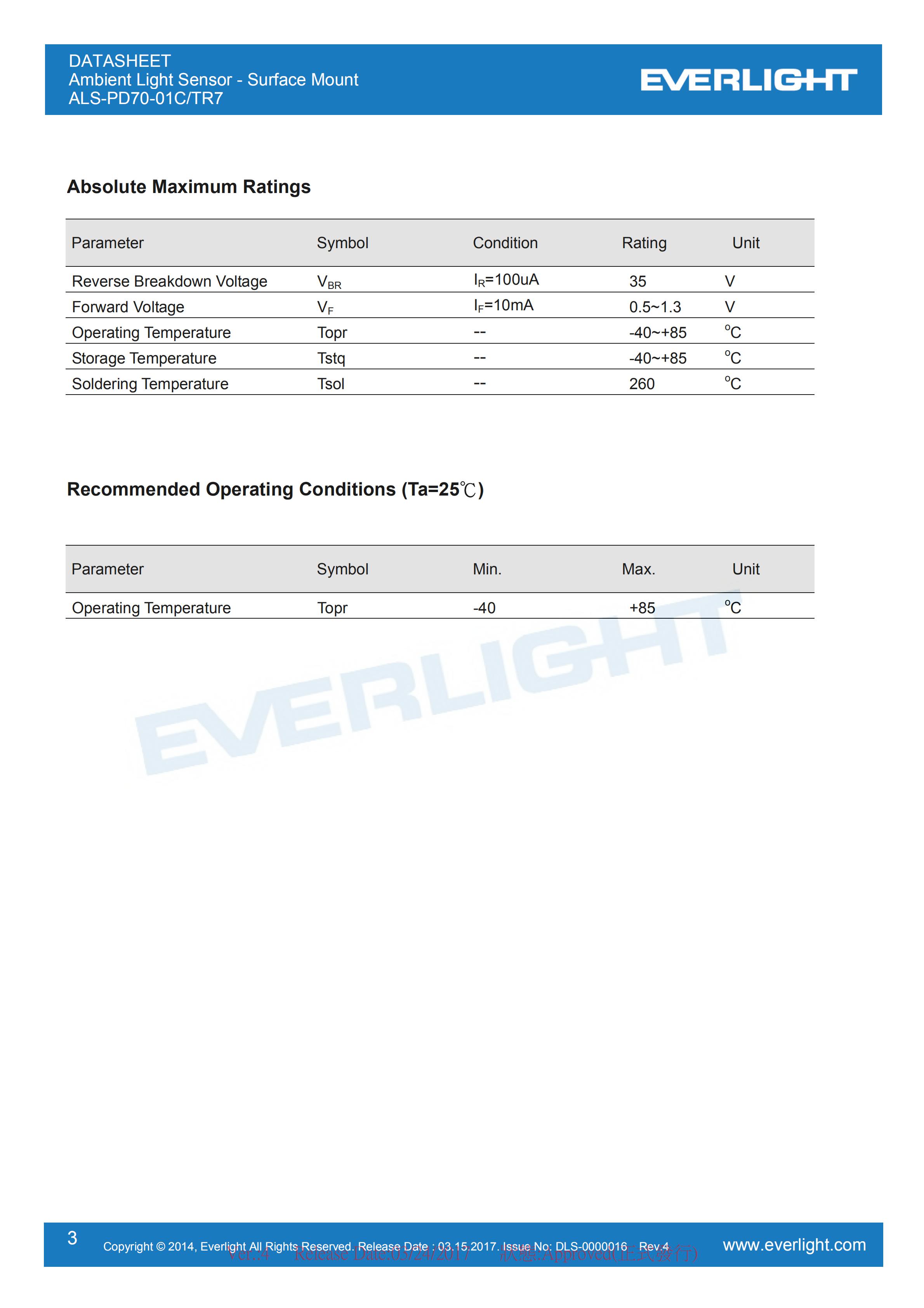 Everlight Ambient Light Sensor ALS-PD70-01C/TR7 Datasheet