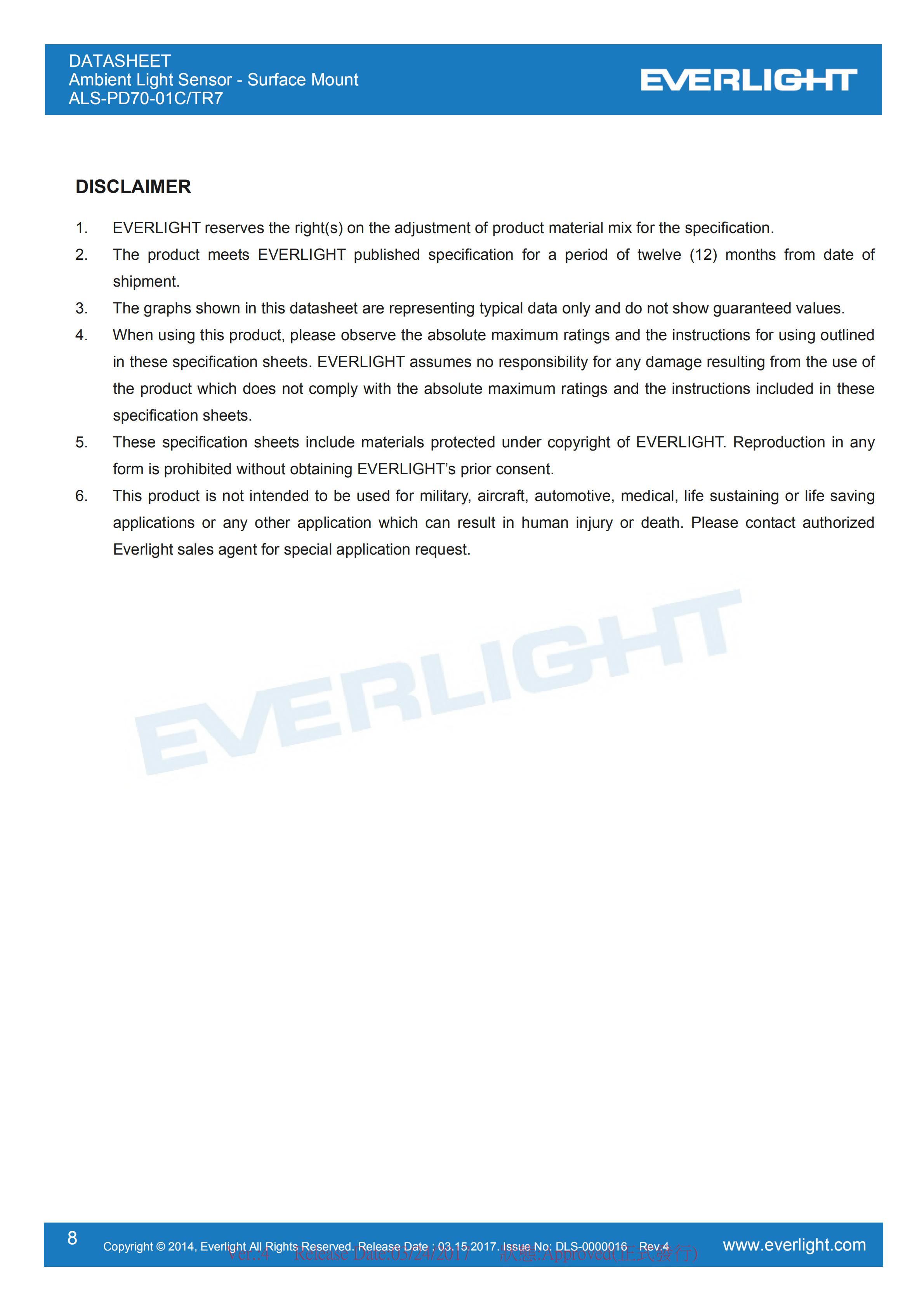 Everlight Ambient Light Sensor ALS-PD70-01C/TR7 Datasheet