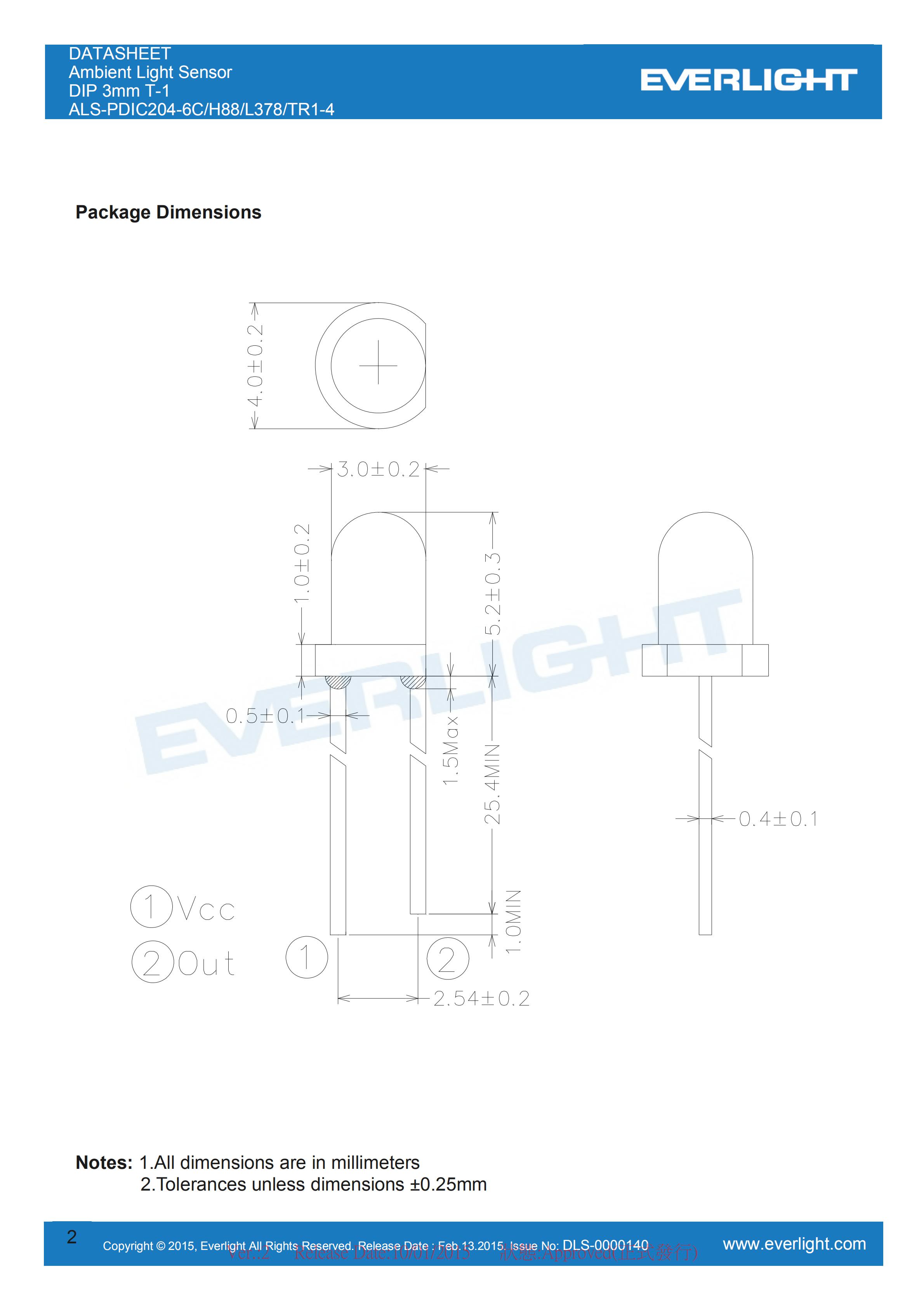 Everlight Ambient Light Sensor ALS-PDIC204-6C-H88/L378/TR1-4 Datasheet