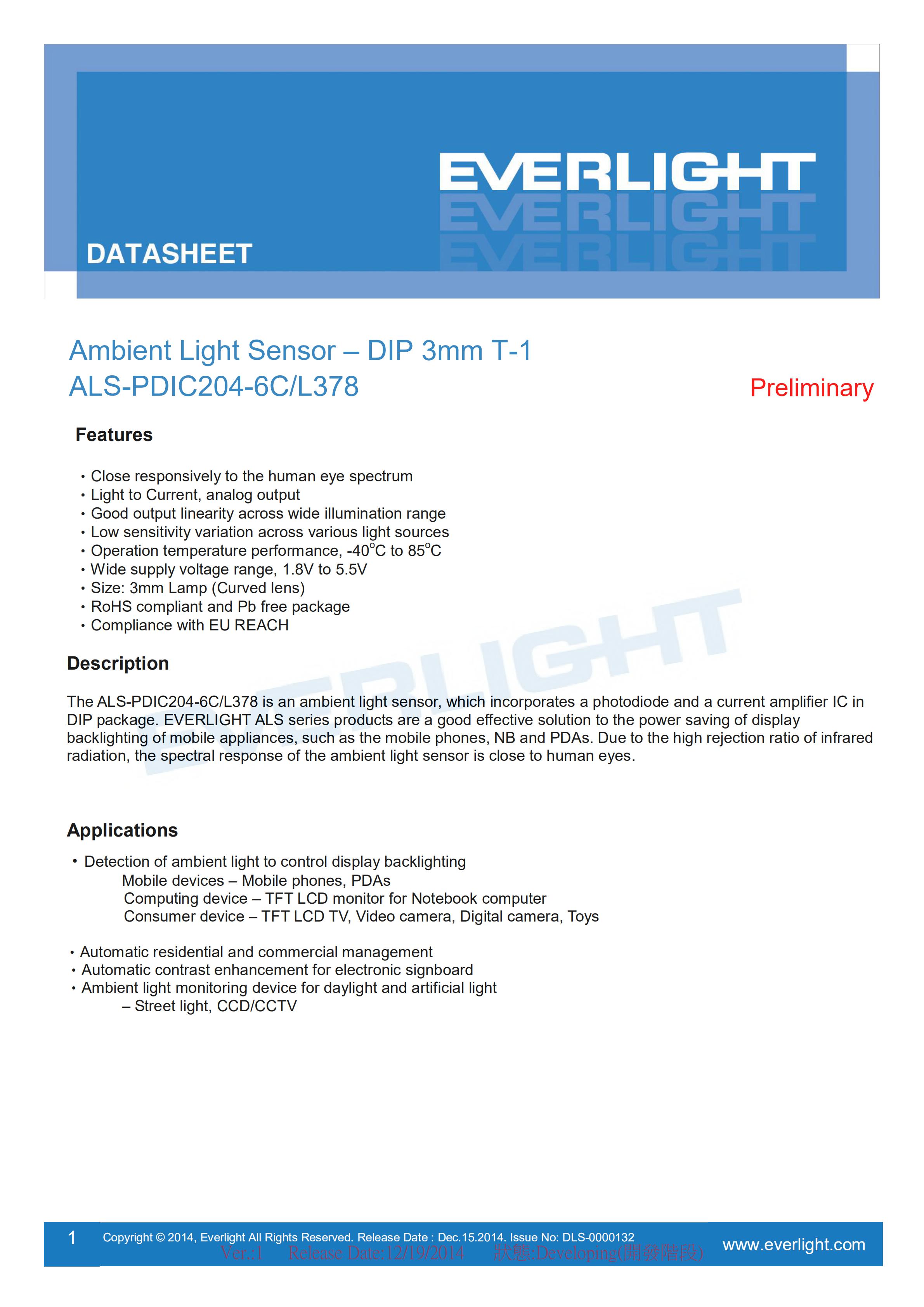 Everlight Ambient Light Sensor ALS-PDIC204-6C/L378 Datasheet