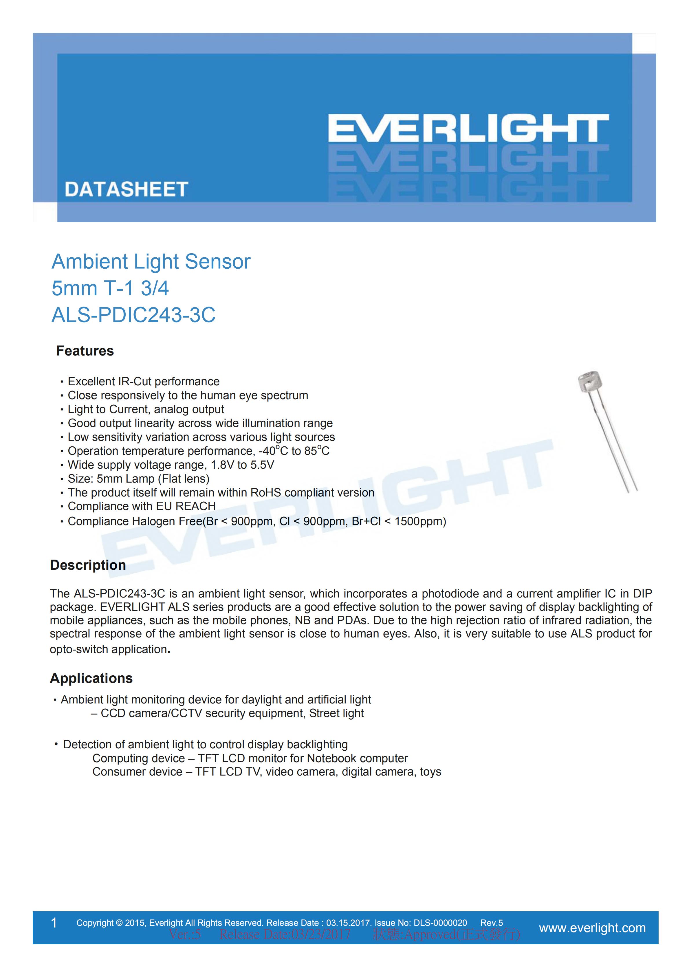 Everlight Ambient Light Sensor ALS-PDIC243-3C Datasheet