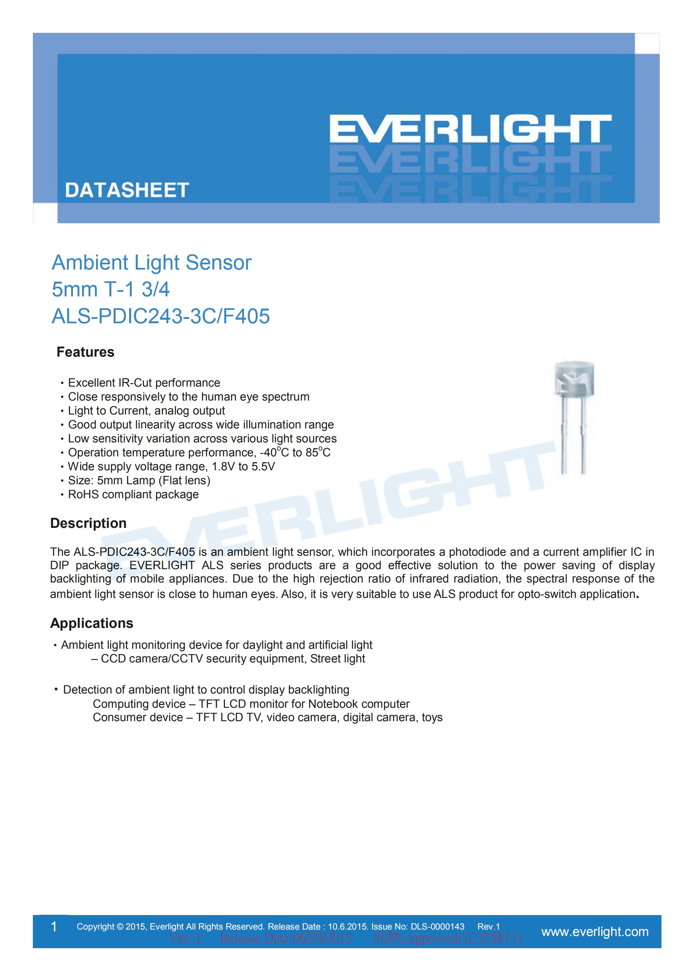 Everlight Ambient Light Sensor ALS-PDIC243-3C/F405 Datasheet