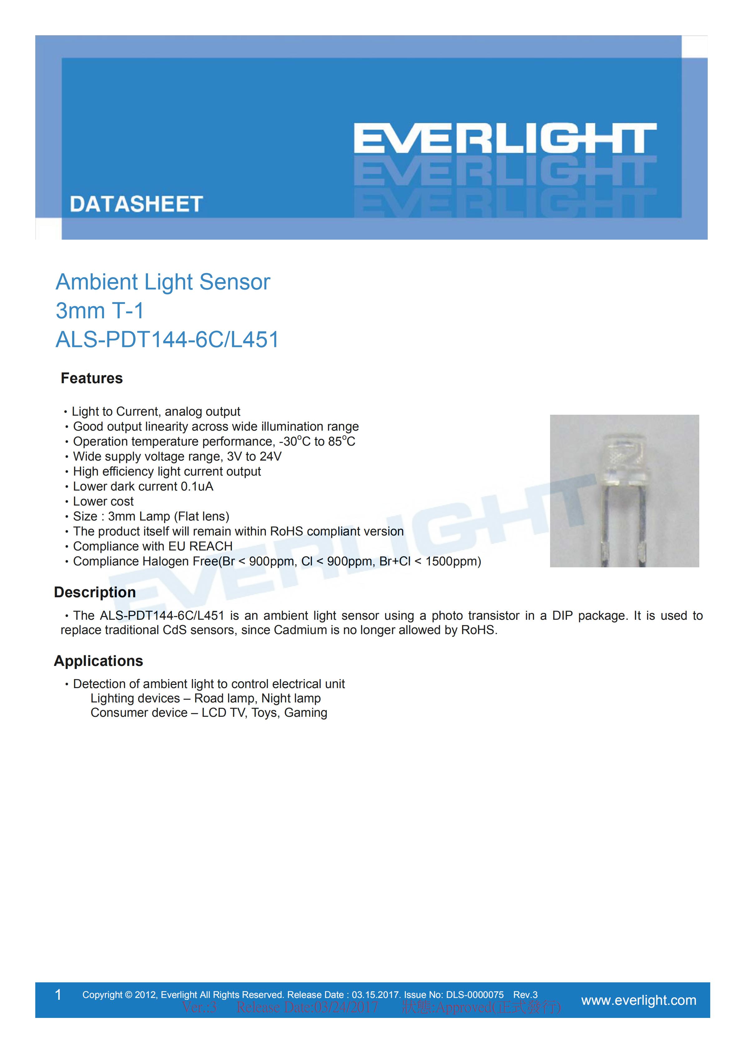 Everlight Ambient Light Sensor ALS-PDT144-6C/L451 Datasheet