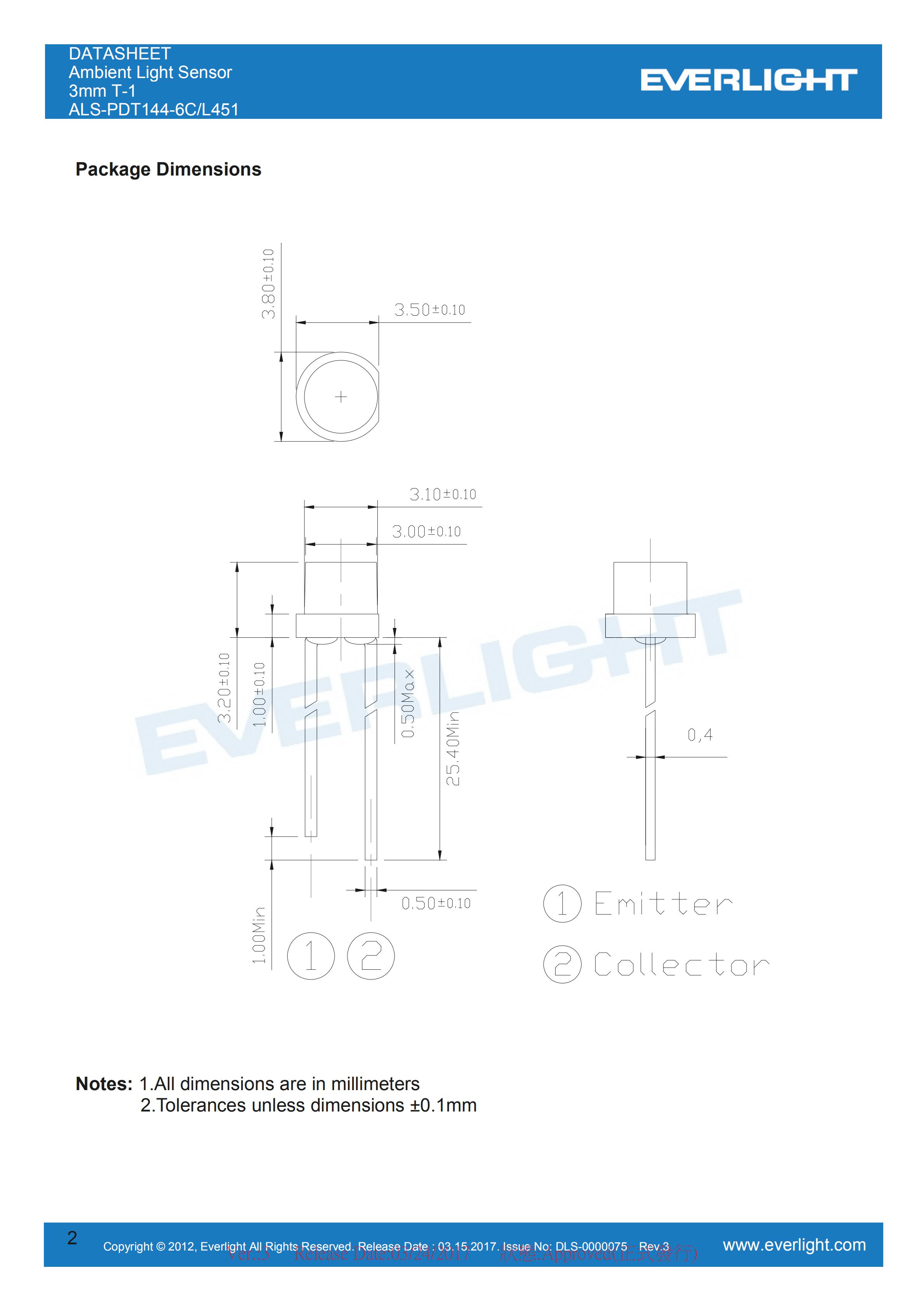 Everlight Ambient Light Sensor ALS-PDT144-6C/L451 Datasheet