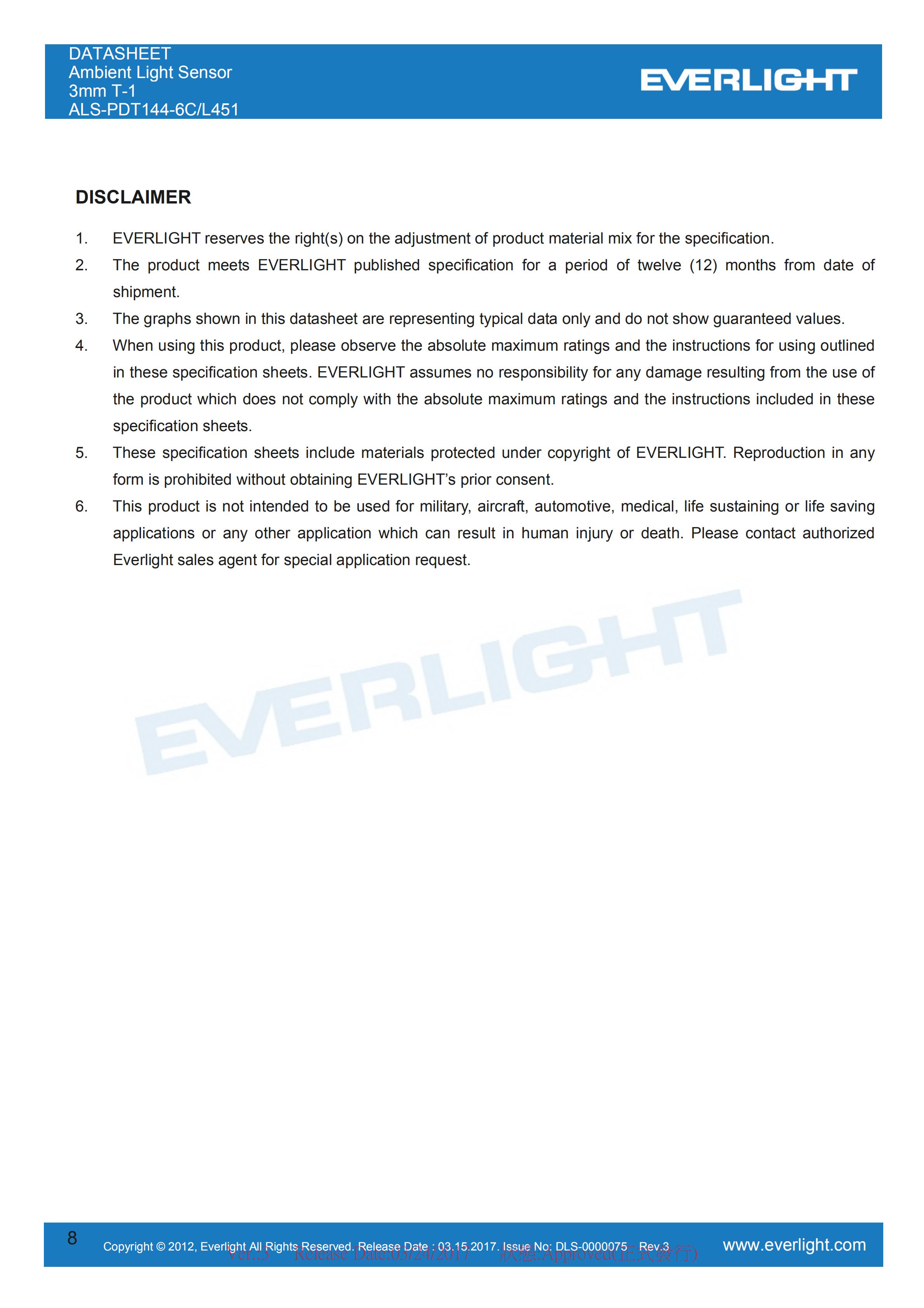 Everlight Ambient Light Sensor ALS-PDT144-6C/L451 Datasheet