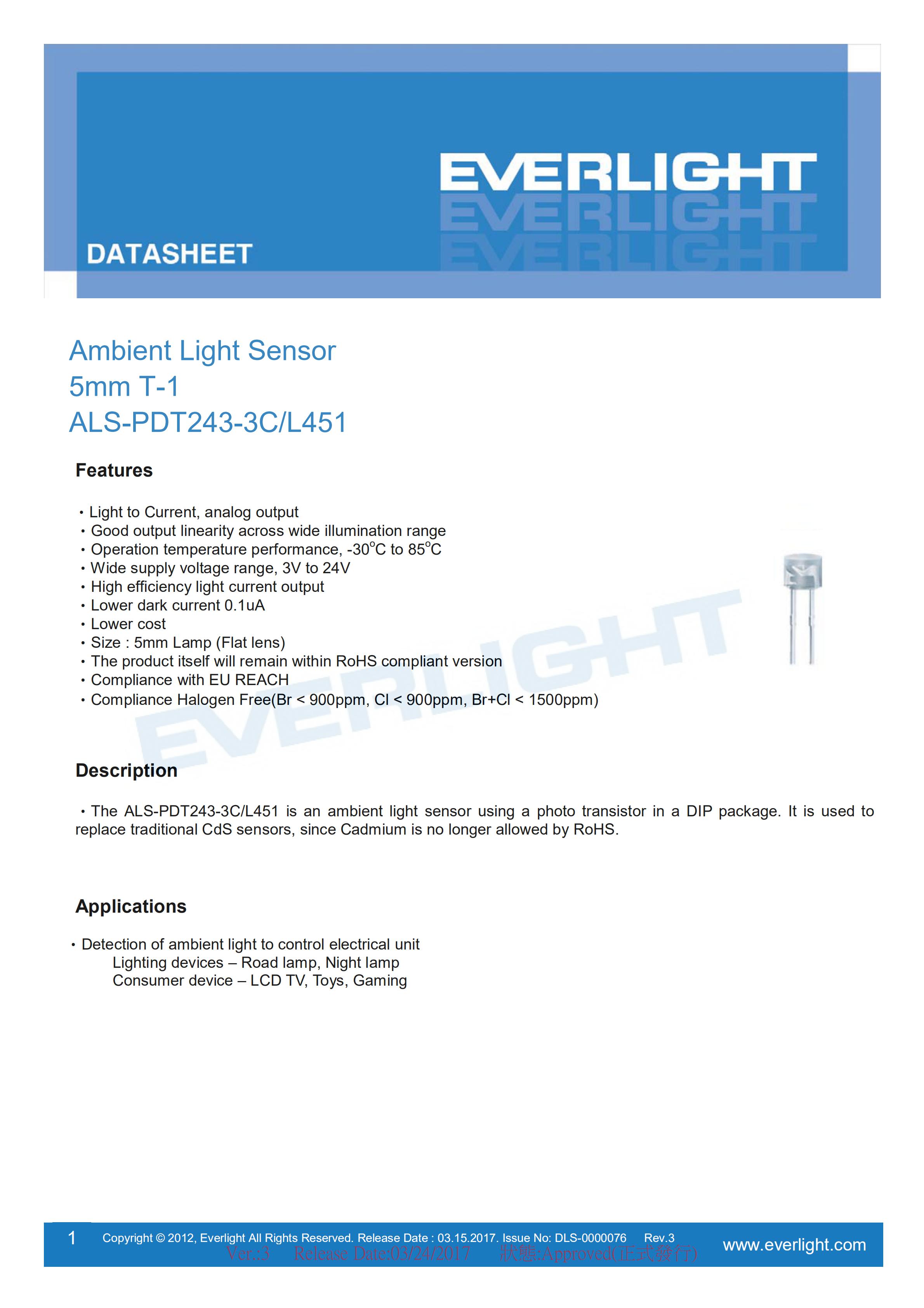 Everlight Ambient Light Sensor ALS-PDT243-3C-L451 Datasheet