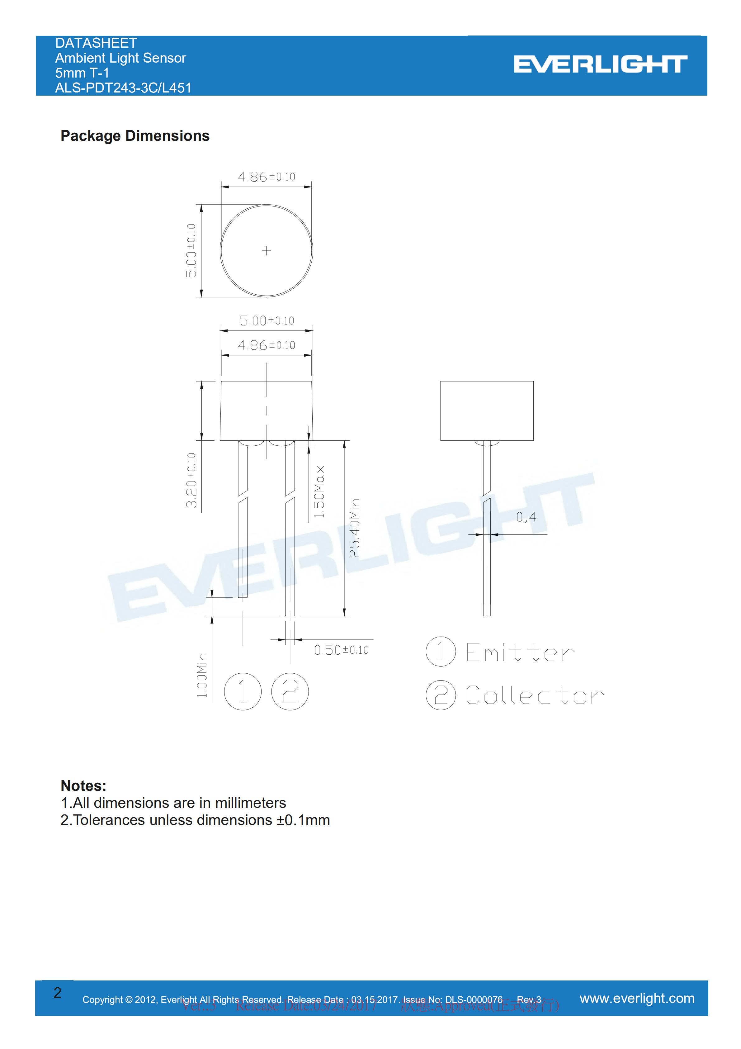 Everlight Ambient Light Sensor ALS-PDT243-3C-L451 Datasheet