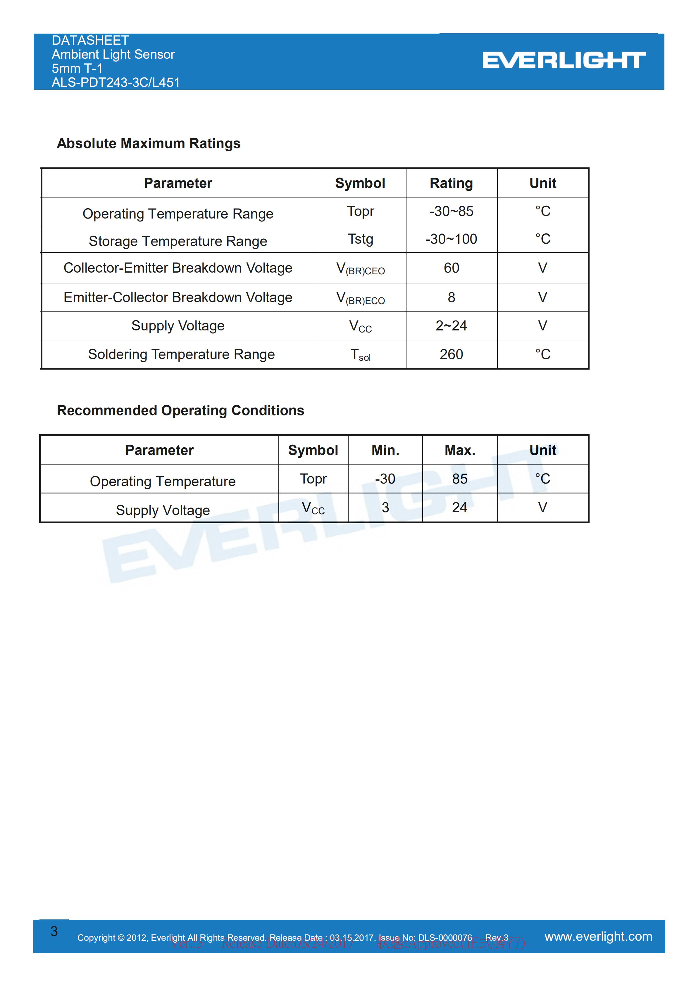 Everlight Ambient Light Sensor ALS-PDT243-3C-L451 Datasheet