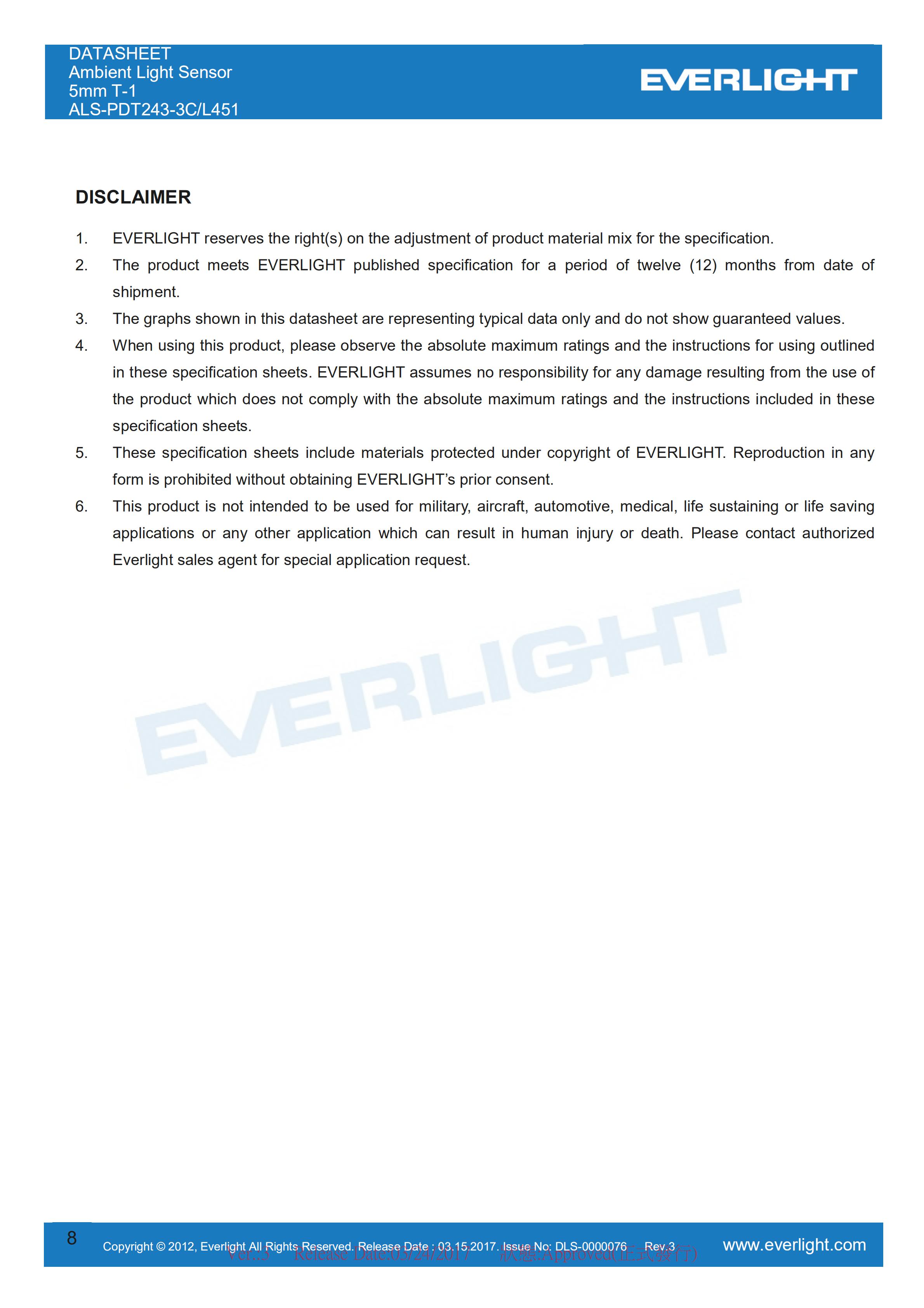 Everlight Ambient Light Sensor ALS-PDT243-3C-L451 Datasheet