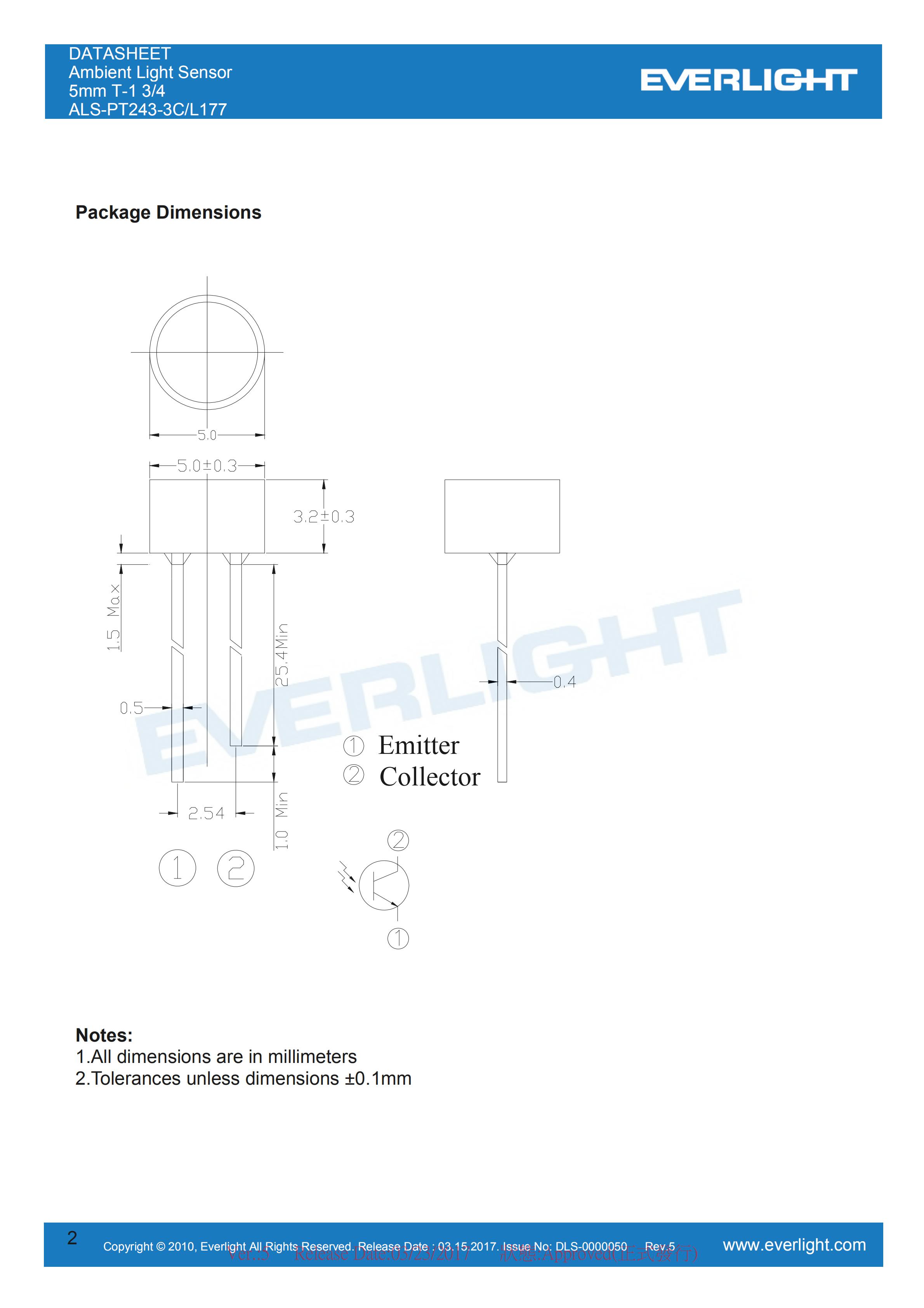 Everlight Ambient Light Sensor ALS-PT243-3C/L177 Datasheet