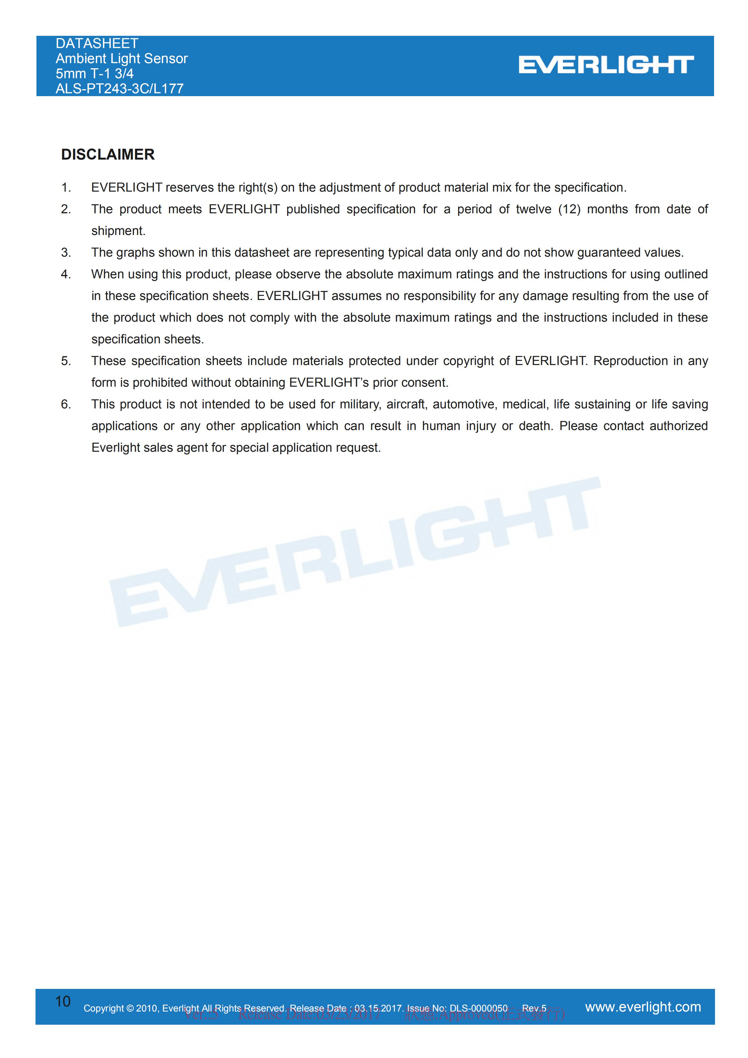 Everlight Ambient Light Sensor ALS-PT243-3C/L177 Datasheet