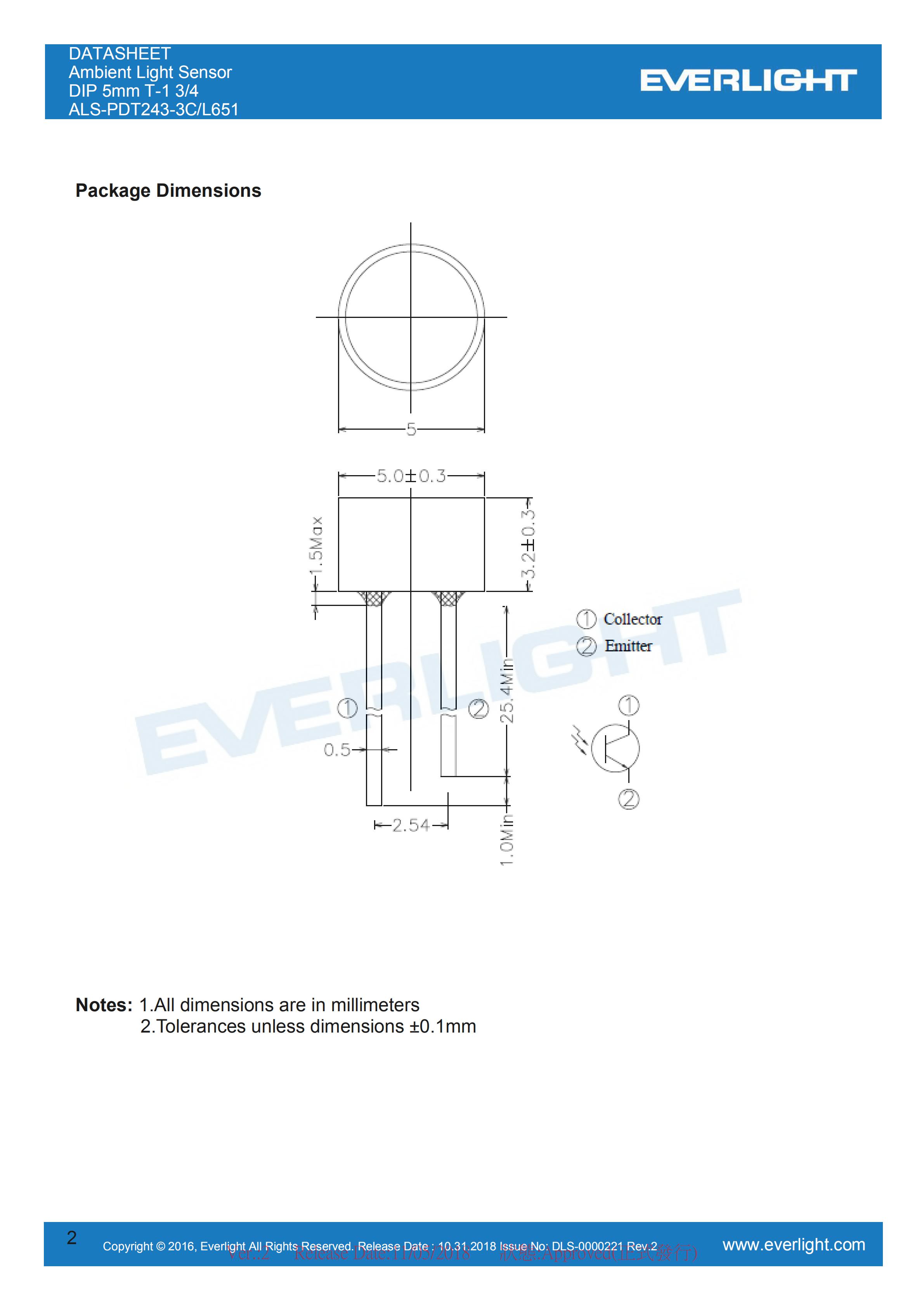 Everlight Ambient Light Sensor ALS-PDT243-3C-L651 Datasheet