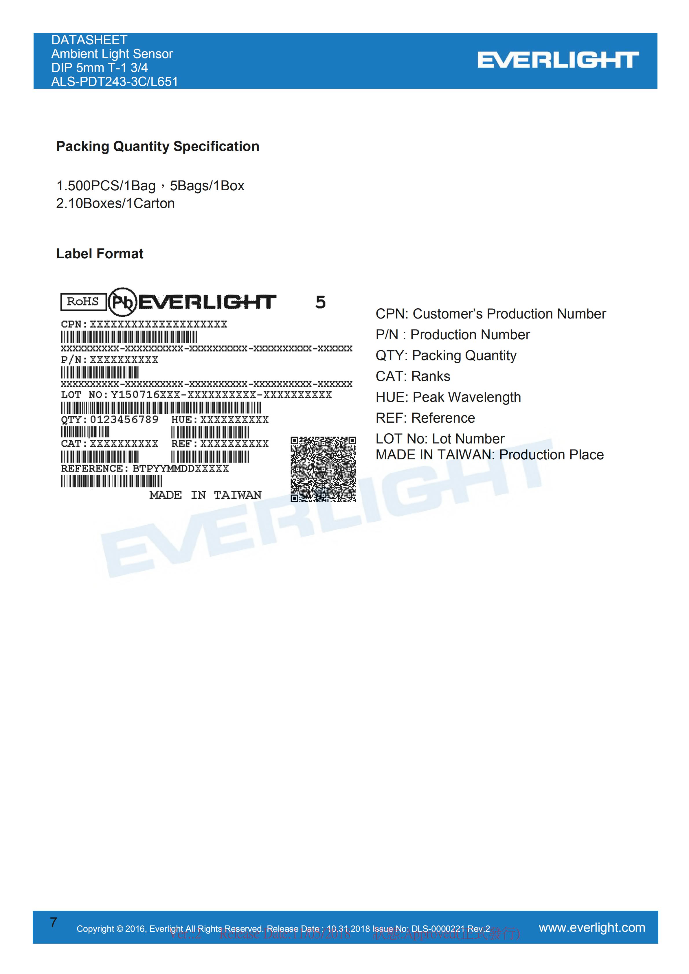 Everlight Ambient Light Sensor ALS-PDT243-3C-L651 Datasheet